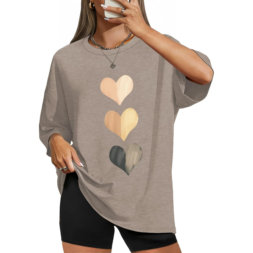 WIHOLL Oversized Tshirts for Women Summer Crew Neck Short Sleeve Graphic Tees Casual Loose Fit Workout Tops 2026 Heart Shaped Print