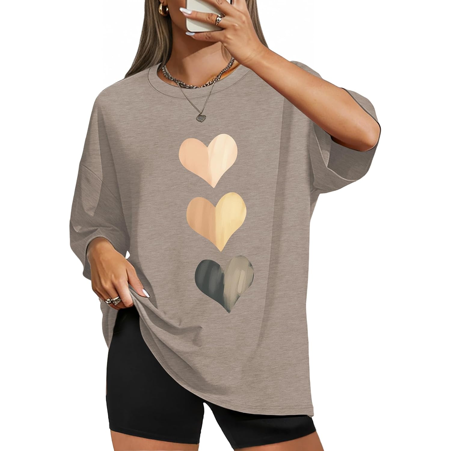 WIHOLL Oversized Tshirts for Women Summer Crew Neck Short Sleeve Graphic Tees Casual Loose Fit Workout Tops 2026 Heart Shaped Print