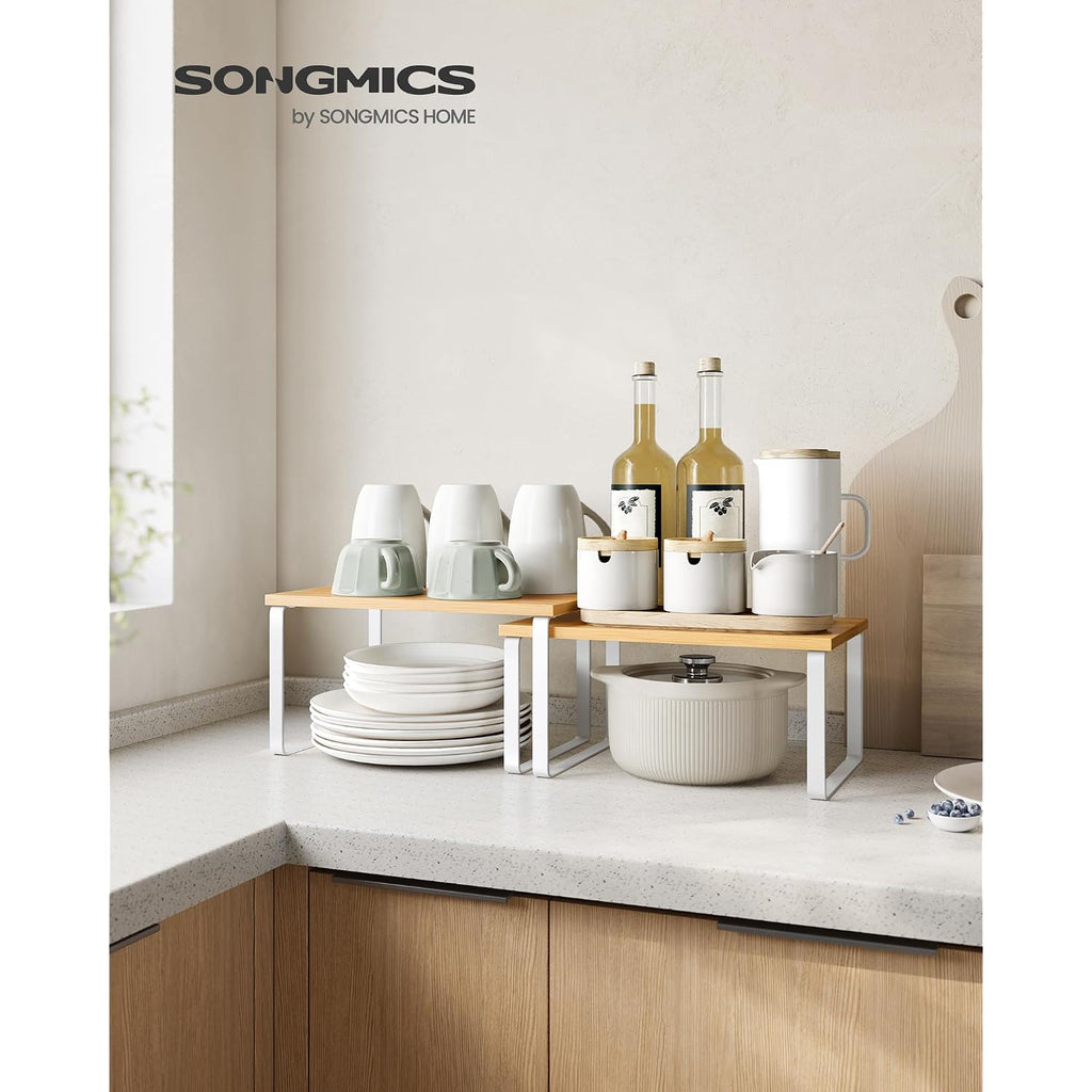 Songmics Cabinet Organizer Shelf, Set Of 4 Kitchen Counter Shelves, Kitchen Storage, Spice Rack, Stackable, Expandable, Metal And Engineered Wood, Cloud White And Natural Beige Ukcs010N01