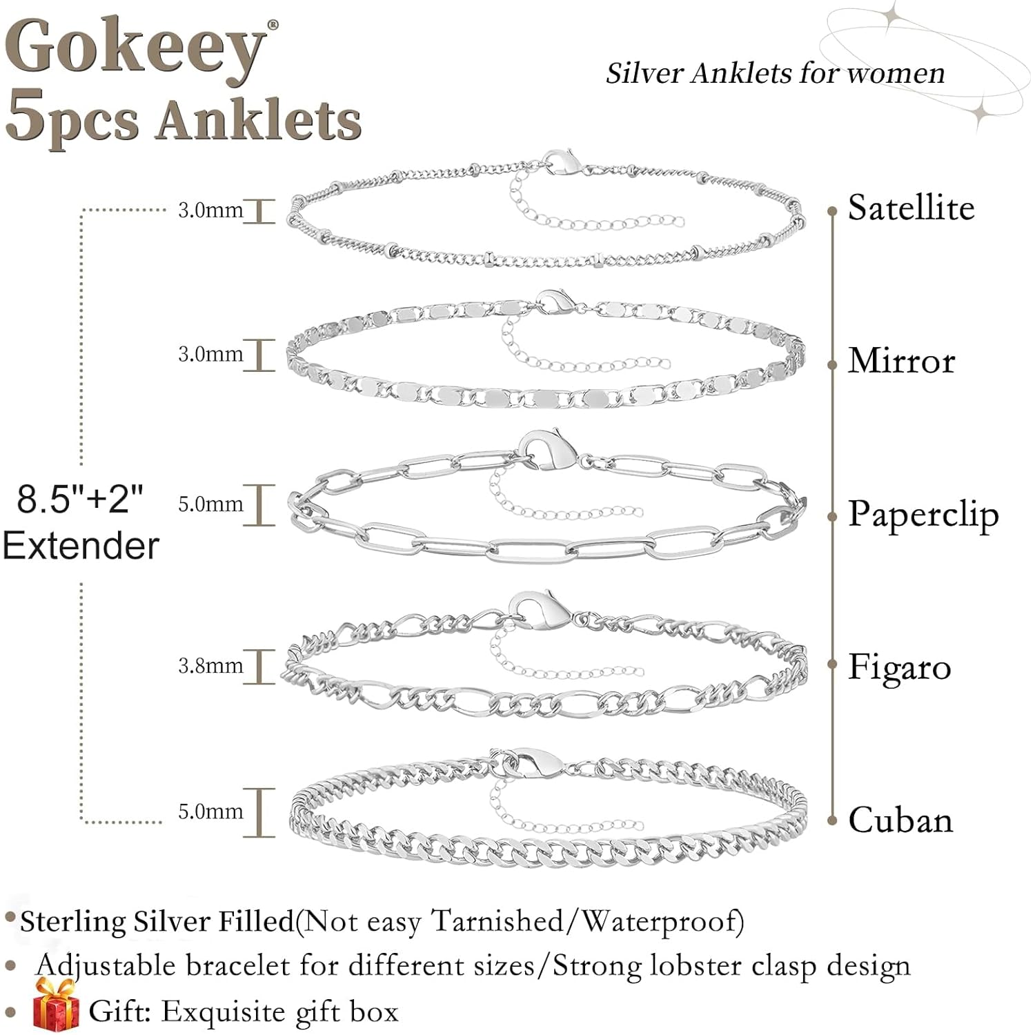 Gokeey Ankle Bracelets for Women, 14k Gold Plated Jewelry Set Waterproof Layered Cuban Figaro Link Chain Anklets Set Gold Anklets Summer Boho Beach Jewelry Gift Adjustable Size