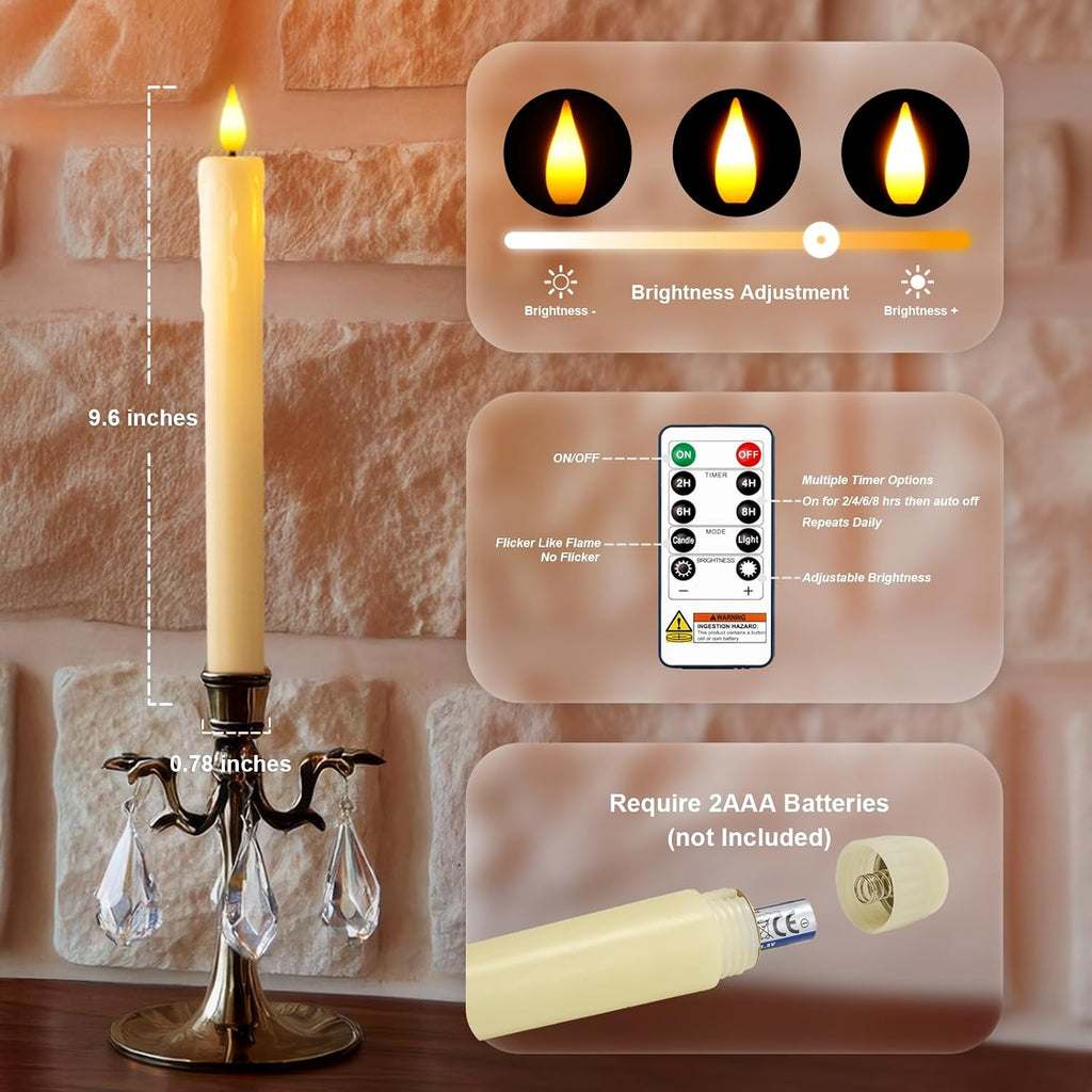 Homemory Real Wax Led Flameless Taper Candles With Remote Timer, 9.6 Inches Ivory Fake Candlesticks, Dripless Battery Operated Window Candle With 3D Flickering Flame For Fireplace Xmas Halloween