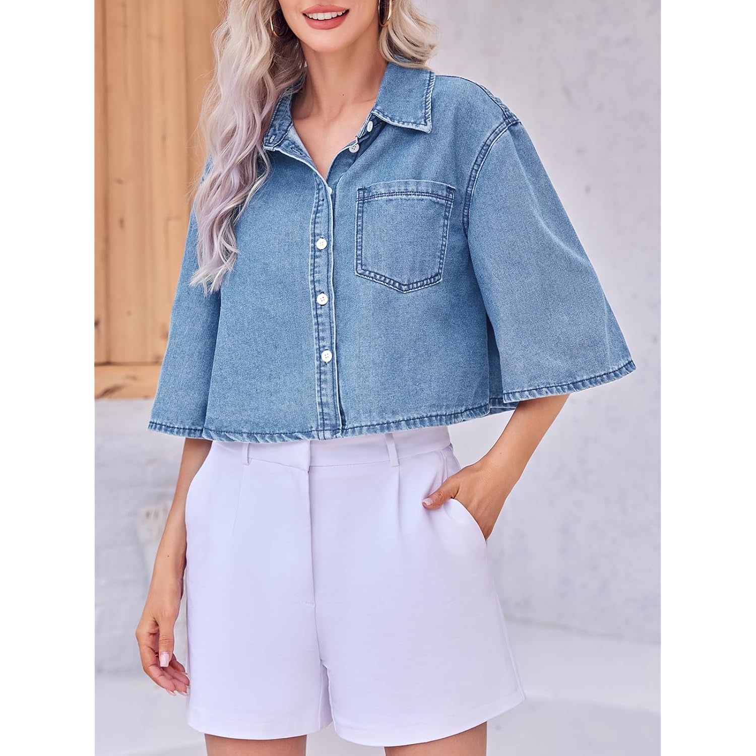 Tankaneo Womens Crop Denim Shirt Half Sleeve Button Down Short Jean Jacket With Pocket