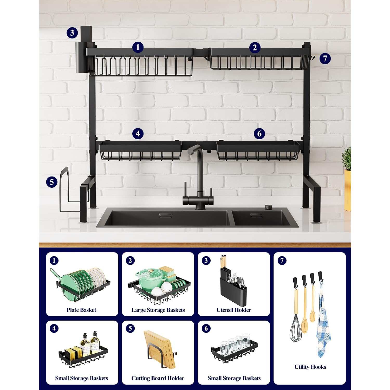 Kitsure Over The Sink Dish Drying Rack - 26.8" To 33.9"X21.5", Adjustable Sink Drying Rack For Kitchen Sink With Large Capacity, 2-Tier Dish Rack Over Sink With Multifunctional Baskets, Black