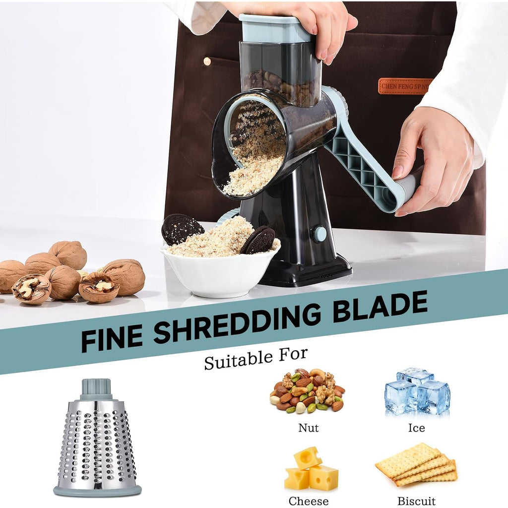 Rotary Cheese Grater With Handle Kitchen Shredder Slicer Grater Slicer Ice Shaver Cheese Vegetable Nuts Potato Zucchini Chocolate 3 Interchangeable Blades (Greyblue