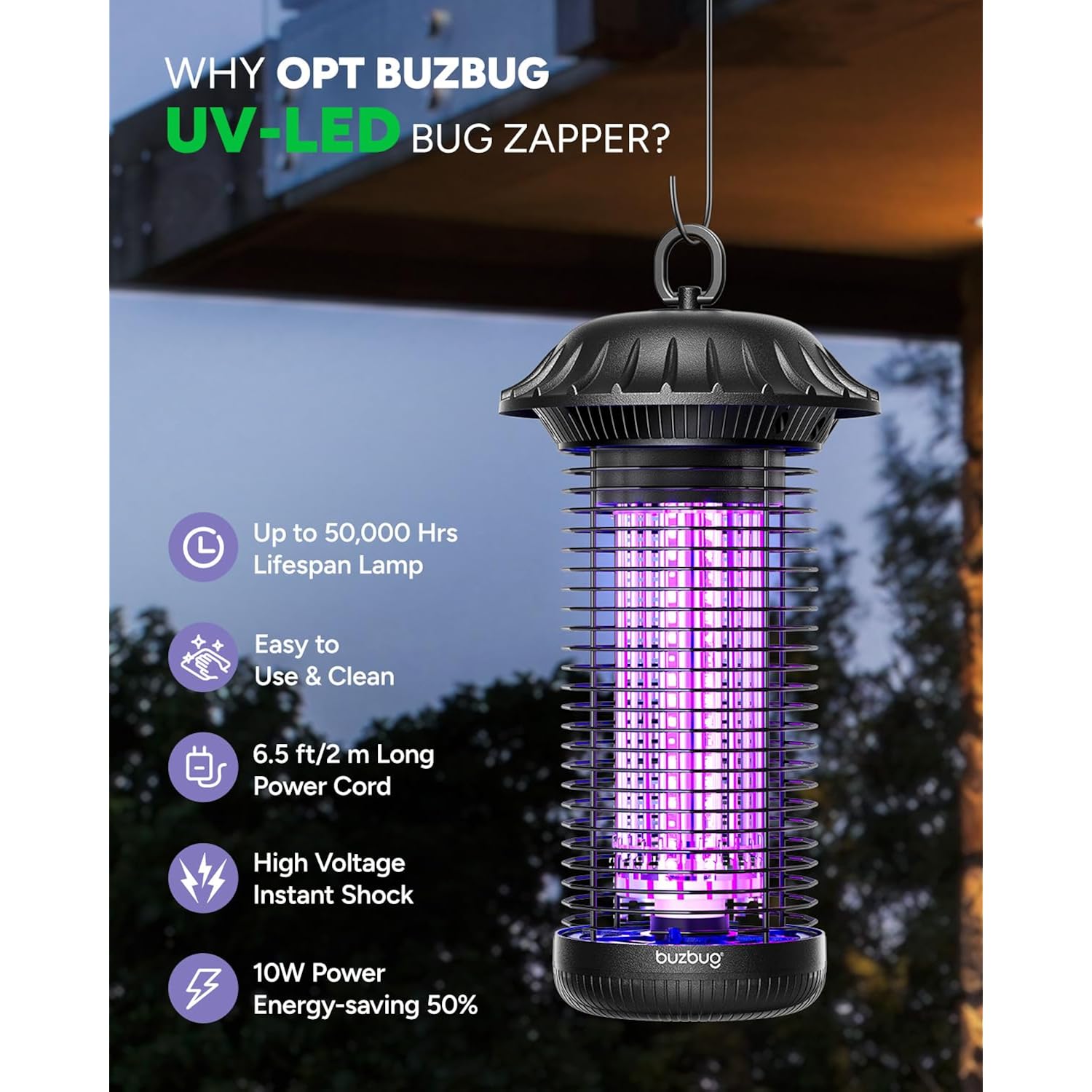 Buzbug Led Bug Zapper Indoor Outdoor, Up To 50000 Hrs Lifespan Lamp, Energy Saving & Dual Band Attraction, 5.6 Ft Power Cord, High Voltage Mosquito Fly Zapper Trap Killer -Mo008C