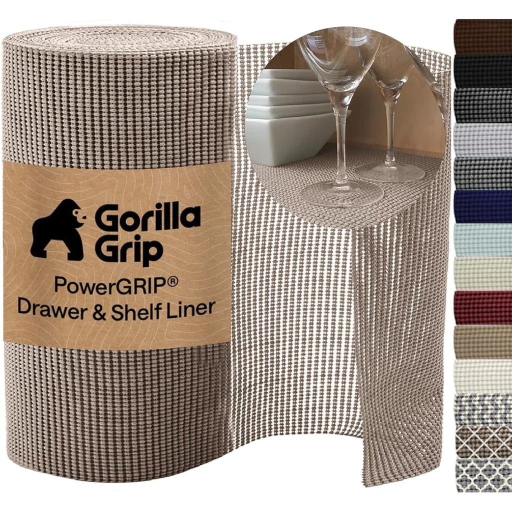 Gorilla Grip Powergrip Drawer Shelf And Cabinet Liner, Thick Strong Hold, Non-Adhesive Liners Protect Kitchen Cabinets And Cupboard, Bathroom Drawers, Easy Install, Breathable Mat, 12" X10', Beige