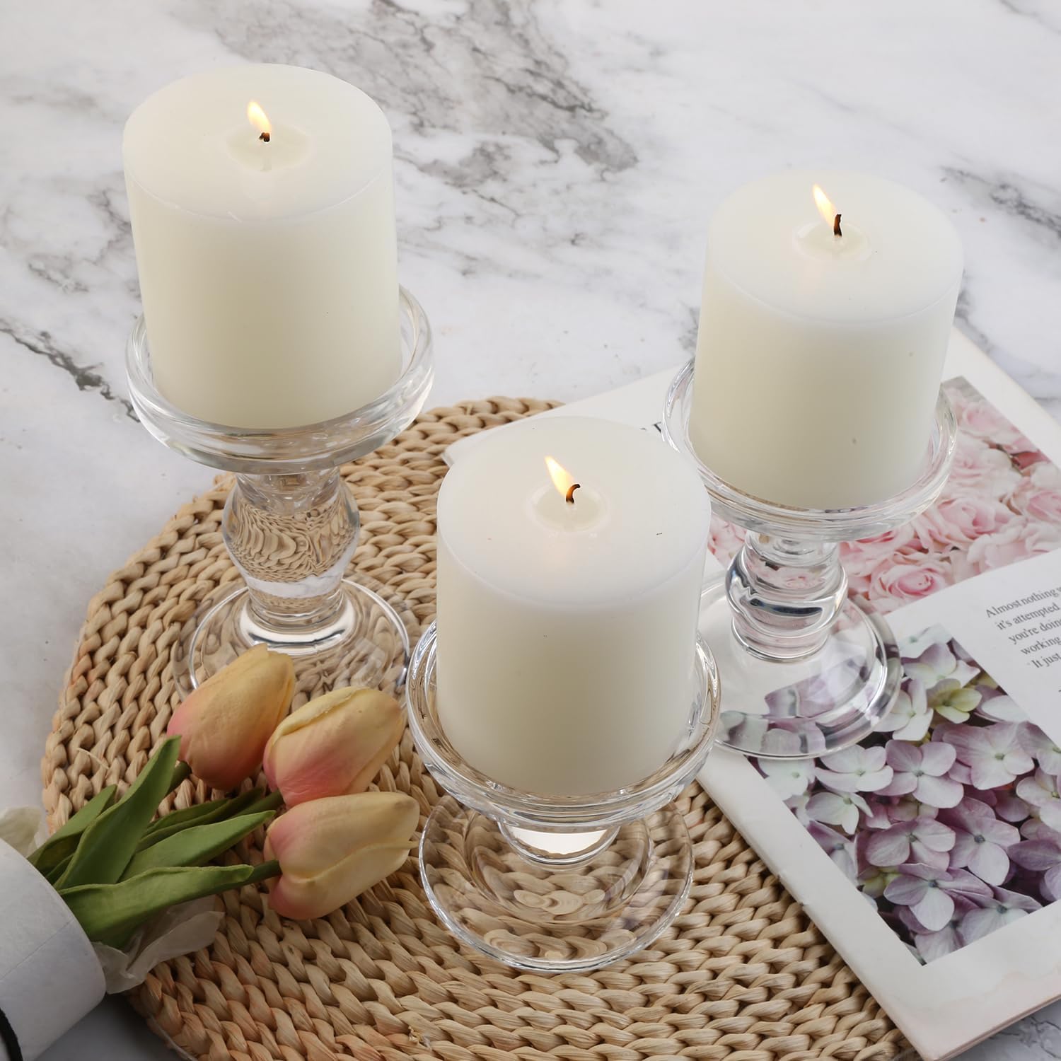 6-Piece Set of Glass Candlestick, Crystal Candlestick Holder Holder and Conical Candle, Christmas Candle Holder Decoration, Family Living Room Wedding Candle Holder (Clear 2sets)