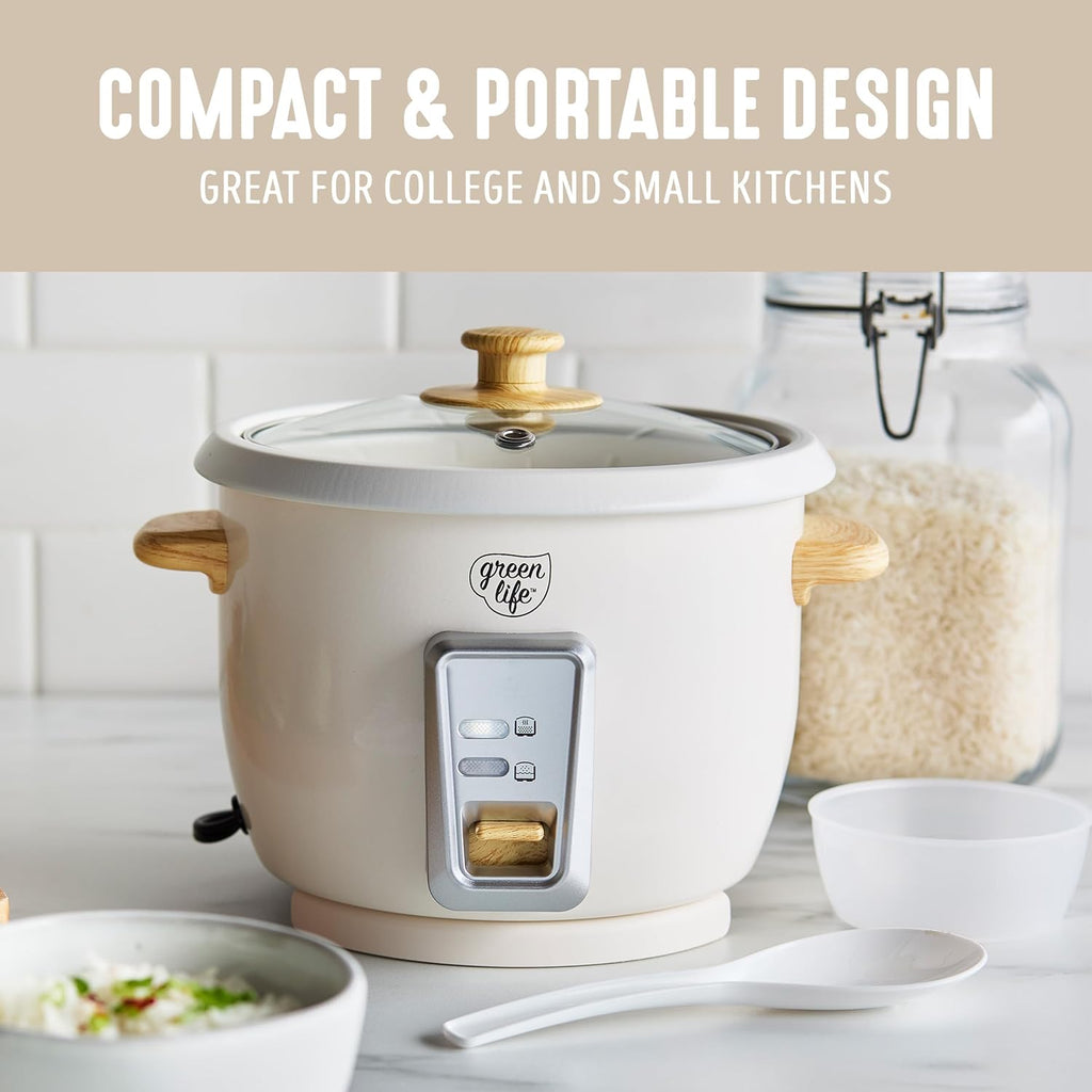 GreenLife Rice Cooker with Removable PFAS-Free Ceramic Nonstick Pot, 3-Cups Uncooked/6-Cups Cooked, Grains & Oatmeal Multicooker, Compact One-Switch Design, Auto Keep Warm, Easy Clean, Cream