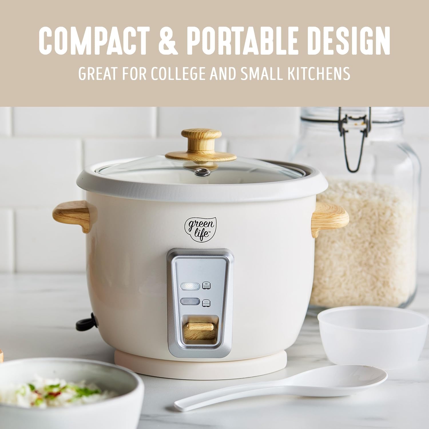 GreenLife Rice Cooker with Removable PFAS-Free Ceramic Nonstick Pot, 3-Cups Uncooked/6-Cups Cooked, Grains & Oatmeal Multicooker, Compact One-Switch Design, Auto Keep Warm, Easy Clean, Cream