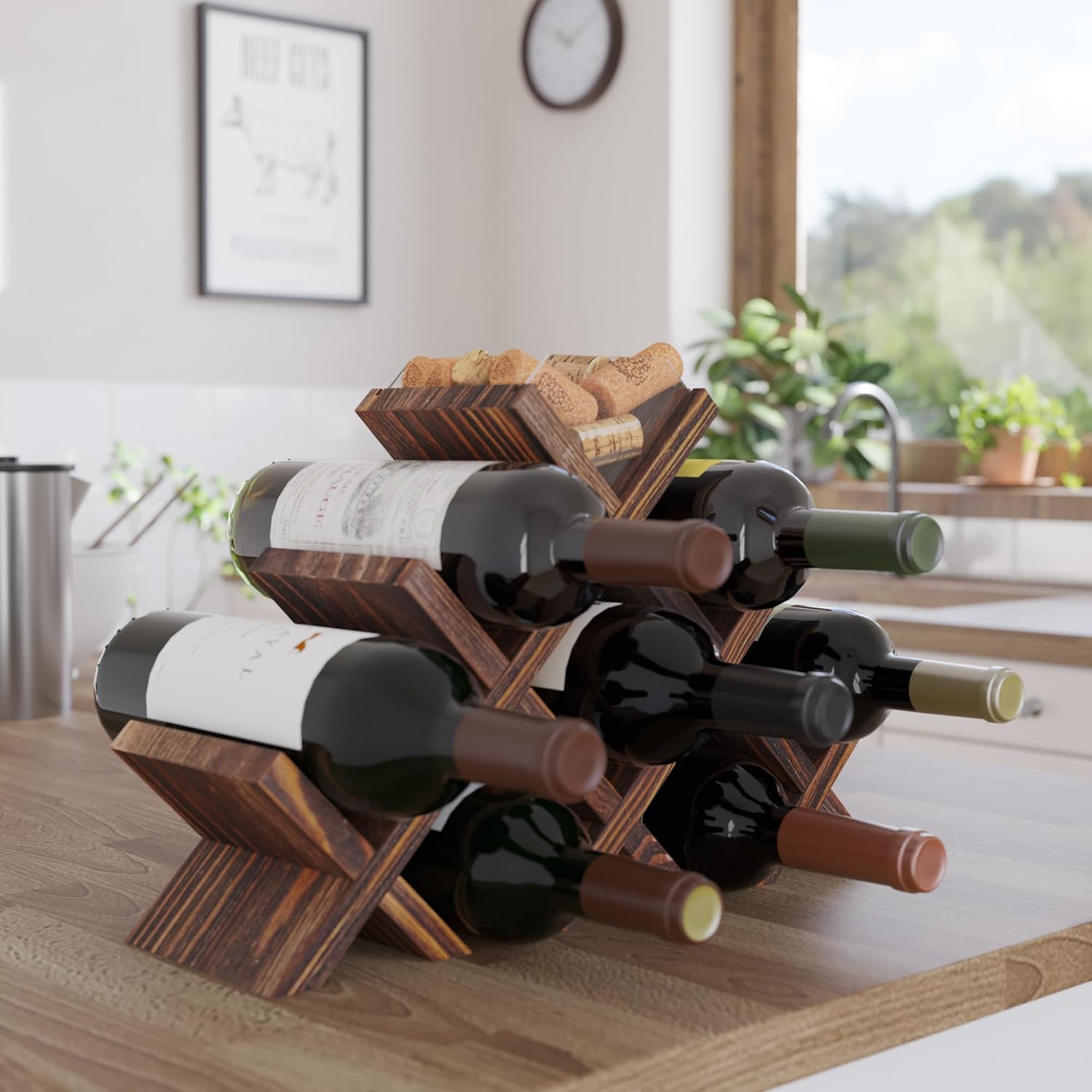 Alella Countertop Wood Wine Rack For 8 Bottles Holder And Cork Storage Tabletop Butterfly Sleek Design Freestanding Organizer - Home, Kitchen, Dining Room Bar Décor - Walnut
