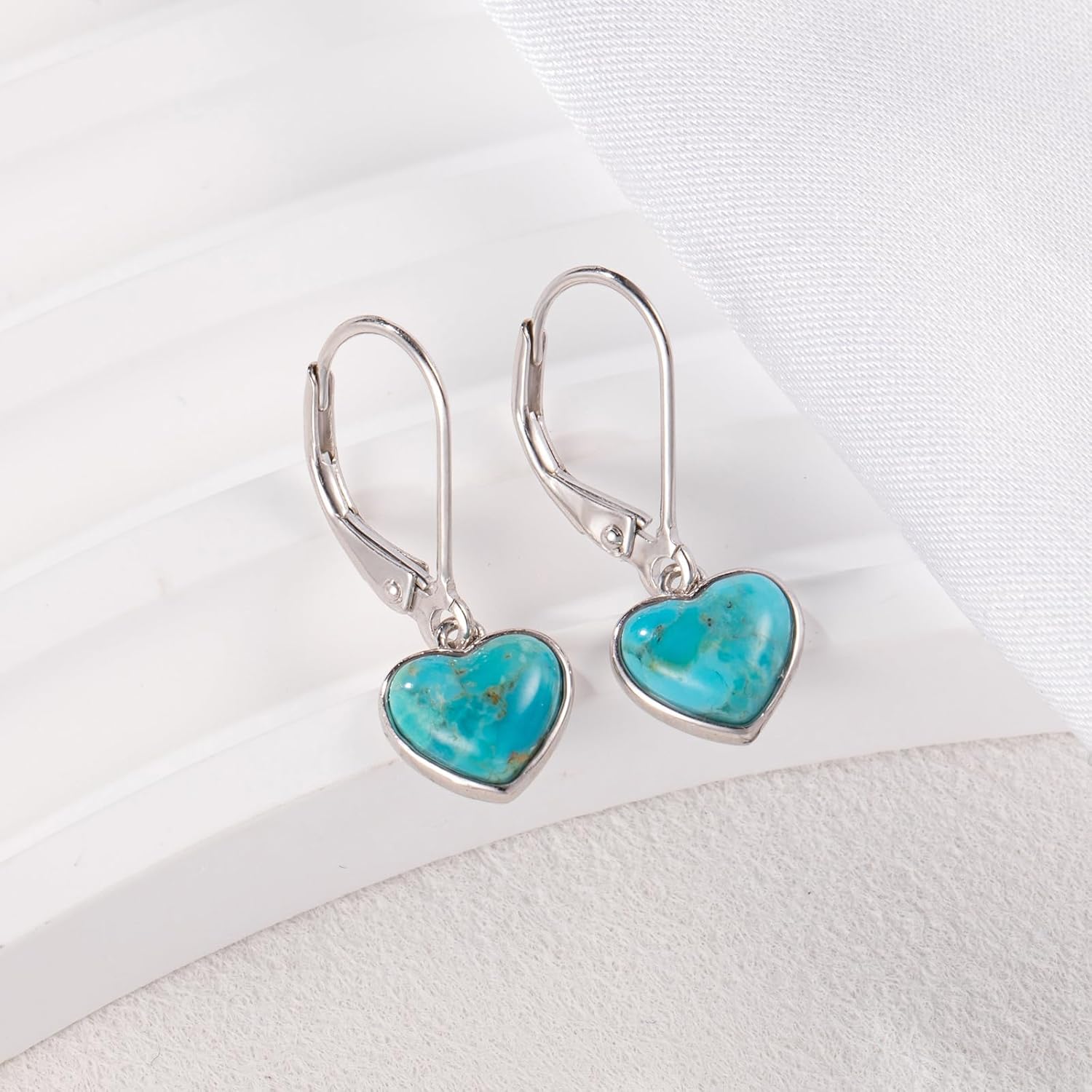 Heart Natural Turquoise Earrings for Women - Top AAA Grade, Hypoallergenic 925 Sterling Silver Leverback Dangle Earrings, Trendy Jewelry Gifts for Her