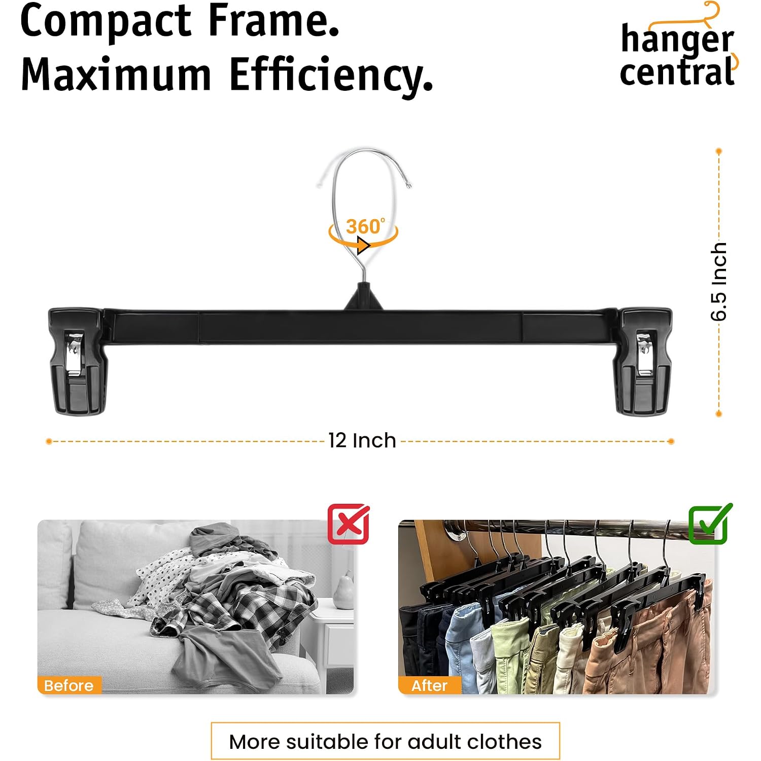 12 Inch 30 Pack Pants Hangers Slim Plastic Clothes Hangers With Clips For Skirts, Shorts & Trousers – Non Slip Grip, Heavy Duty Space Saver With Swivel Hook – Black Closet Organizer