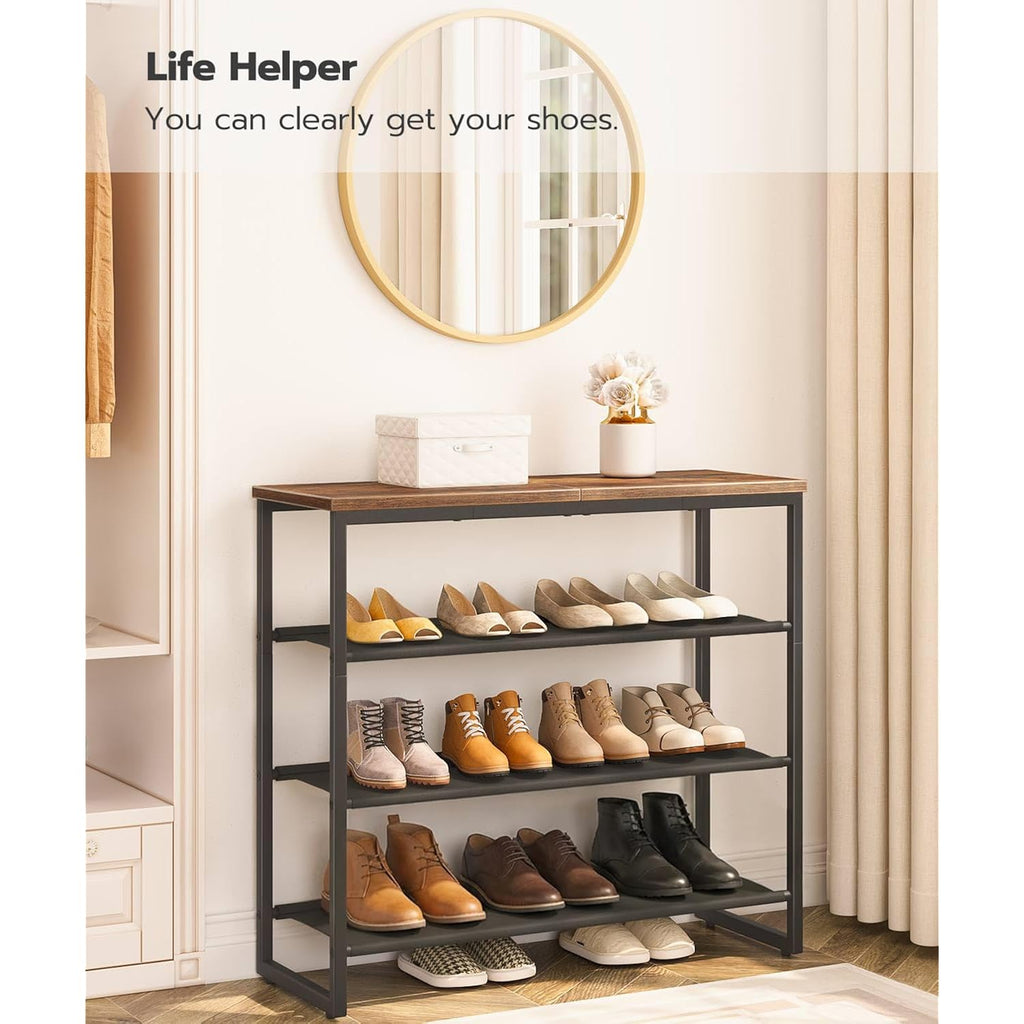 Hoobro Shoe Rack, 4 Tier Shoe Storage Organizer With 3 Oxford Fabric Shelves And Top Panel, Holds 12-16 Pairs Of Shoes For Entryway And Closet, Industrial, Rustic Brown Bf47Xj01G1