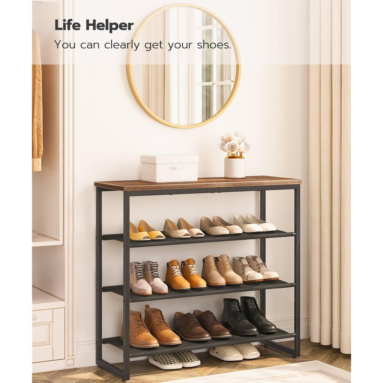 Hoobro Shoe Rack, 4 Tier Shoe Storage Organizer With 3 Oxford Fabric Shelves And Top Panel, Holds 12-16 Pairs Of Shoes For Entryway And Closet, Industrial, Rustic Brown Bf47Xj01G1