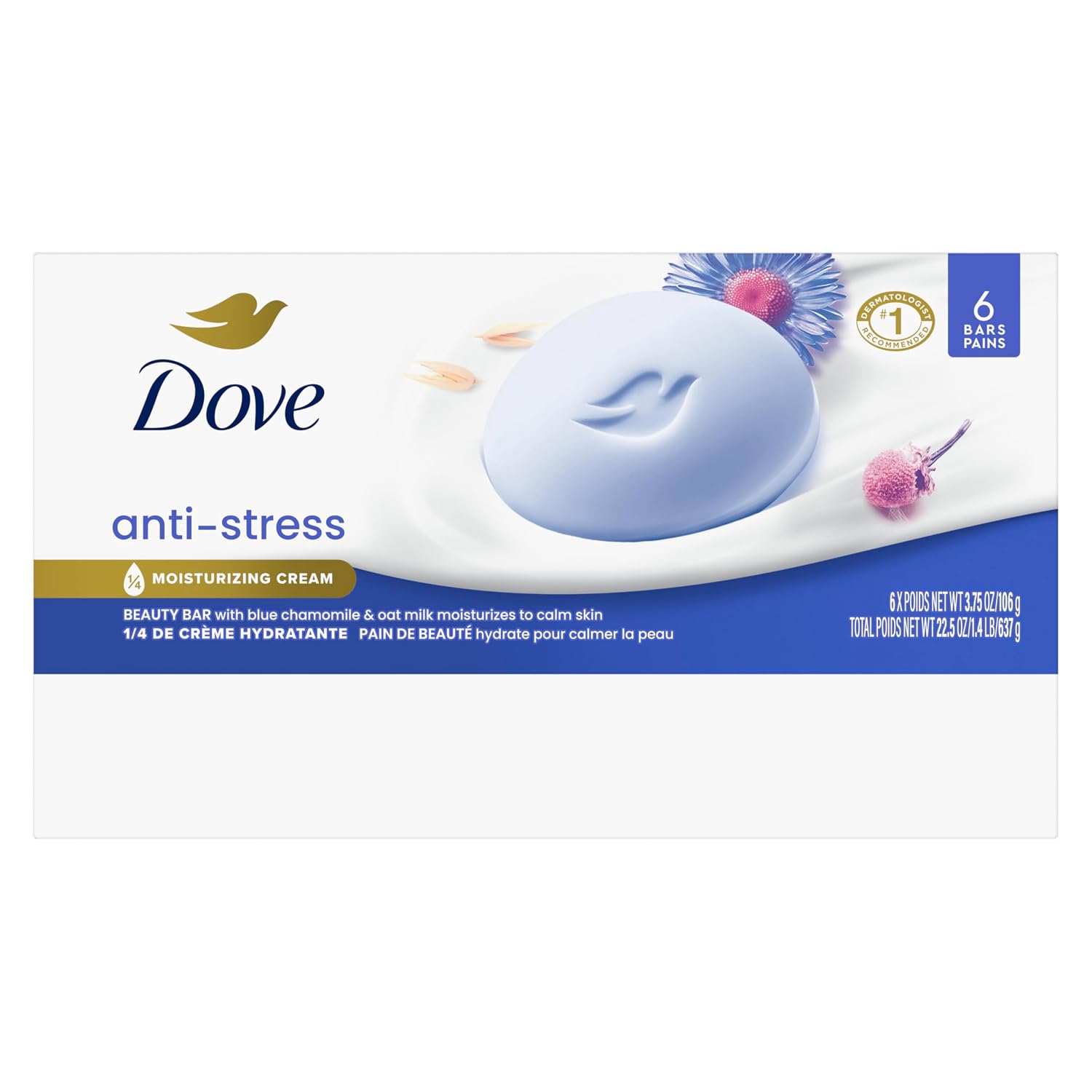 Dove Beauty Bar Gentle Cleanser Anti-Stress Cream Bar Moisturizes To Calm Skin Gentle Bar Soap Cleanser Made With 1/4 Moisturizing Cream 6 Pack