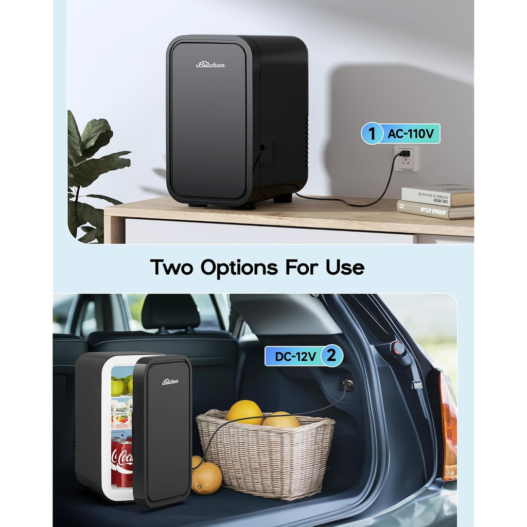 BEICHEN Mini Fridge, 6 Liter / 8 Can Small Refrigerator for Bedroom, Car, Office & Dorm, 110V AC/DC Portable Thermoelectric Cooler & Warmer for Skincare, Food, Drinks, Black