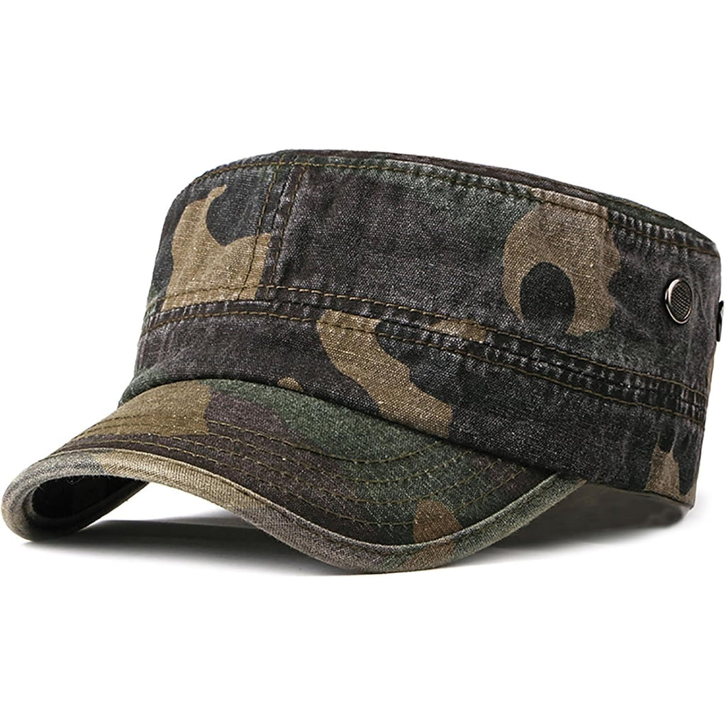 Military Cadet Army Cap For Men Women – Washed Cotton Vintage Adjustable Flat Top Hat