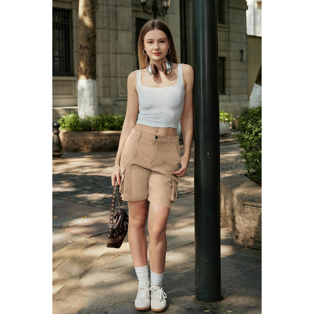 Bermuda Cargo Shorts Women, Elastic High Waist 6 Pockets Shorts 7 Inch Inseam Summer Jorts for Women Casual
