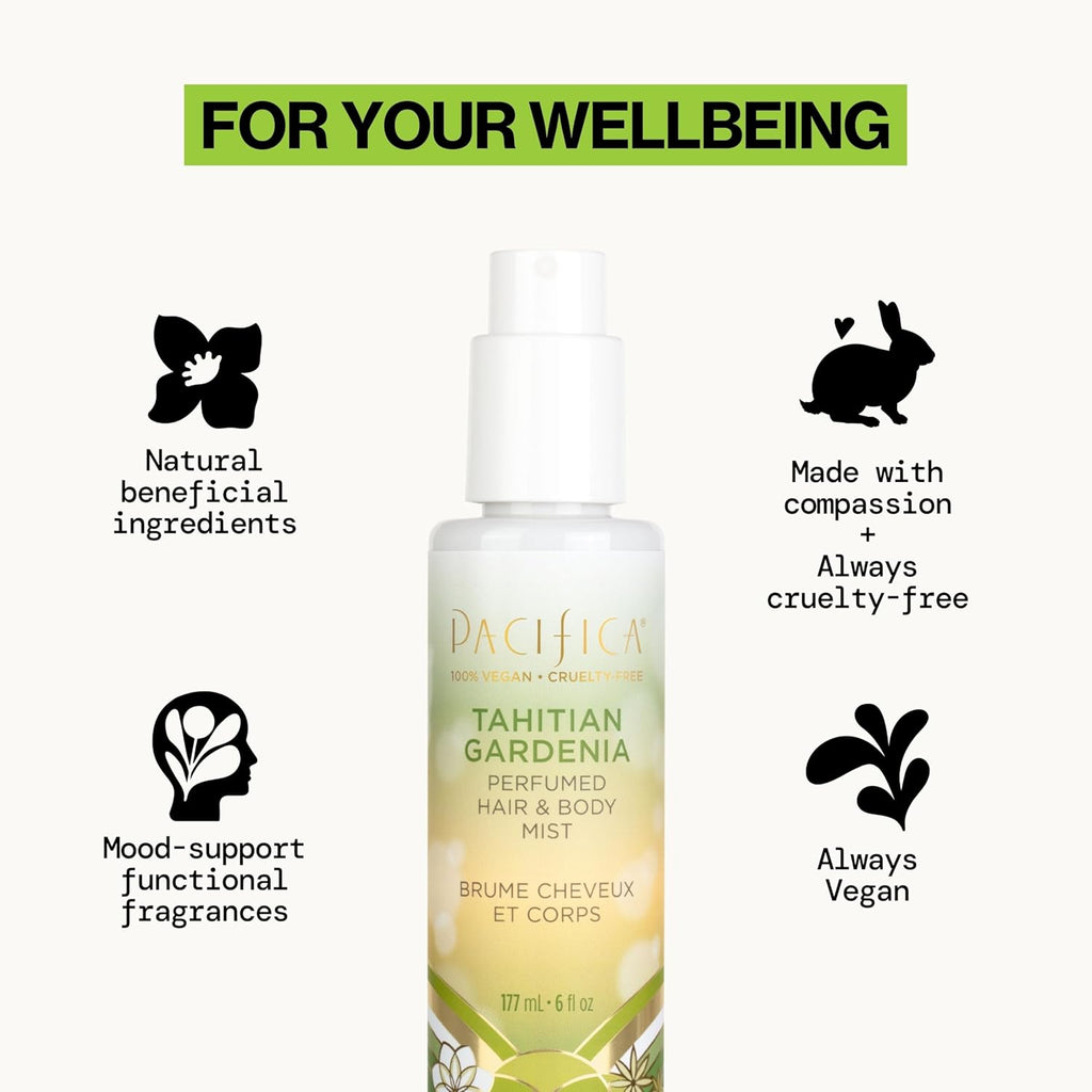 Pacifica Tahitian Gardenia Hair Perfume & Body Mist for Women — Alcohol-Free Hair & Body Spray, Floral Gardenia Perfume, Vegan & Cruelty-Free, Clean Fragrance, 6 Fl Oz
