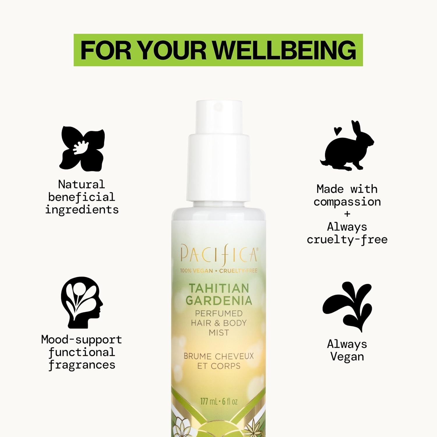 Pacifica Tahitian Gardenia Hair Perfume & Body Mist for Women — Alcohol-Free Hair & Body Spray, Floral Gardenia Perfume, Vegan & Cruelty-Free, Clean Fragrance, 6 Fl Oz