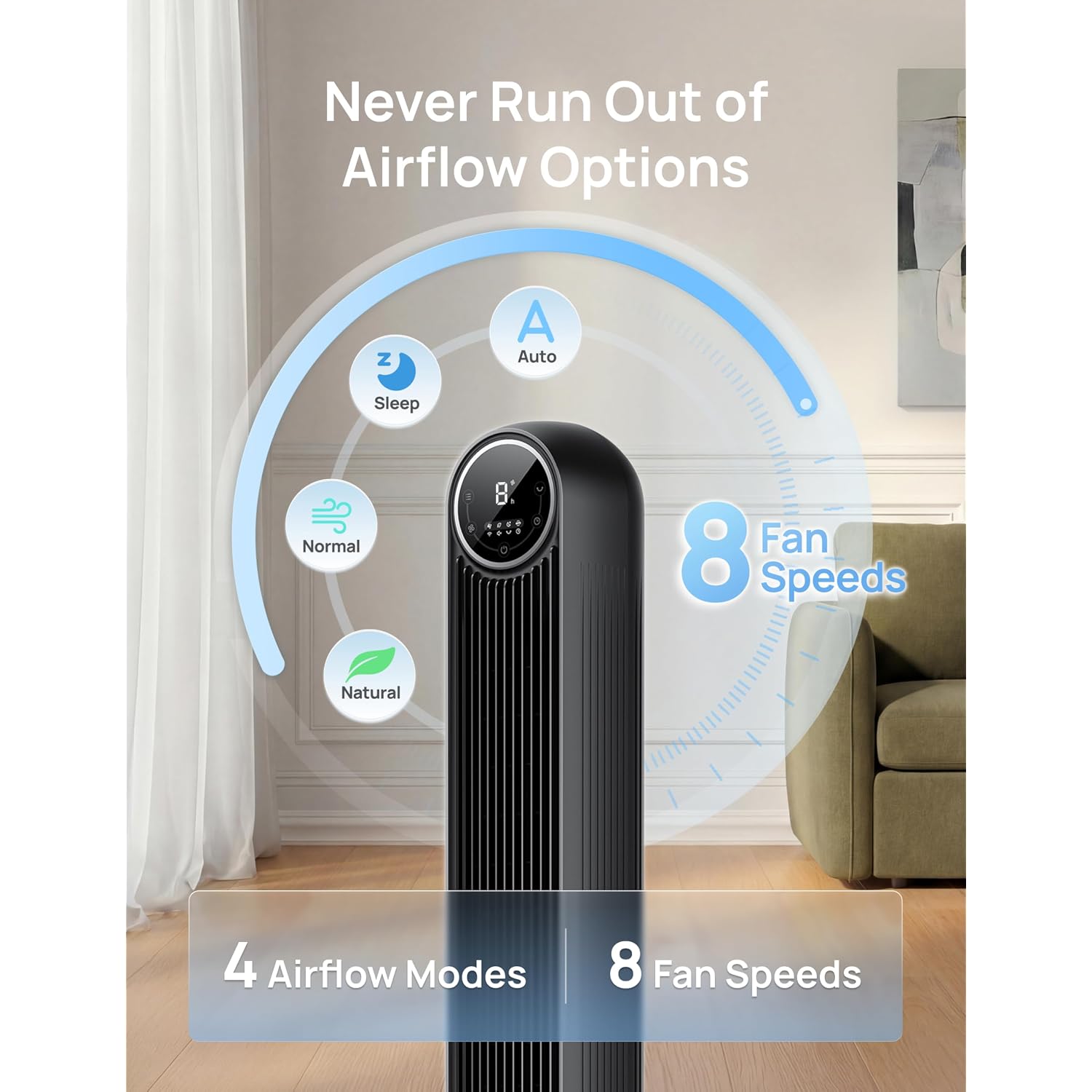 Dreo Tower Fan For Bedroom, 28Ft/S Velocity, 20Db Ultra Quiet, 8 Speeds | 2026 Upgraded Dc Motor, 90° Oscillating, 4 Modes Standing Fan, Bladeless Fan For Indoors, Floor Fans With Remote, Black