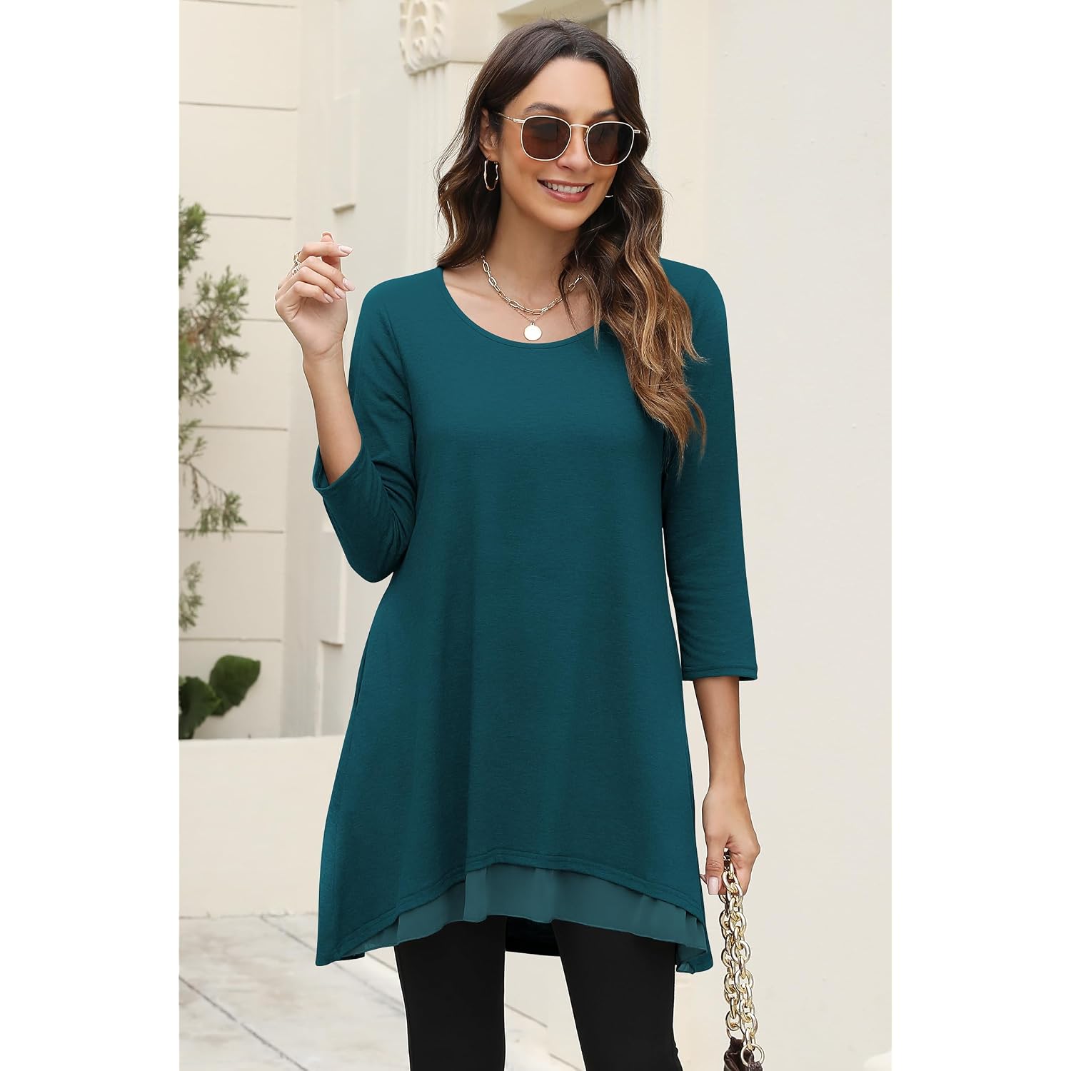 Womens 3/4 Sleeve Tunic Tops to Wear with Leggings Layered Chiffon Hem Casual Long Shirts with Pockets