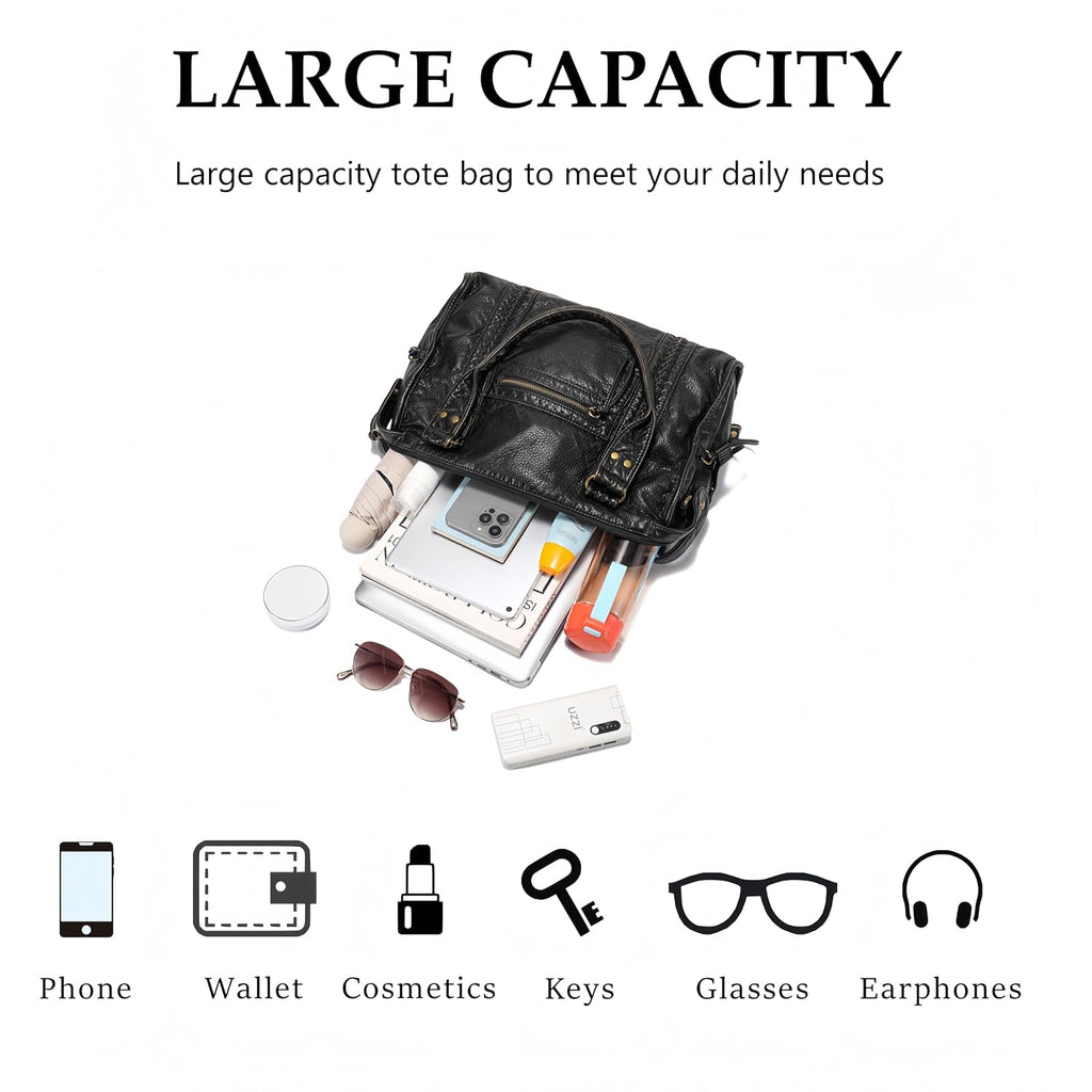Rivet Crossbody City Bag For Women,Large Retro Washed Leather Handbag Purse,Vintage Y2K Grunge Slouchy Shoulder Bags