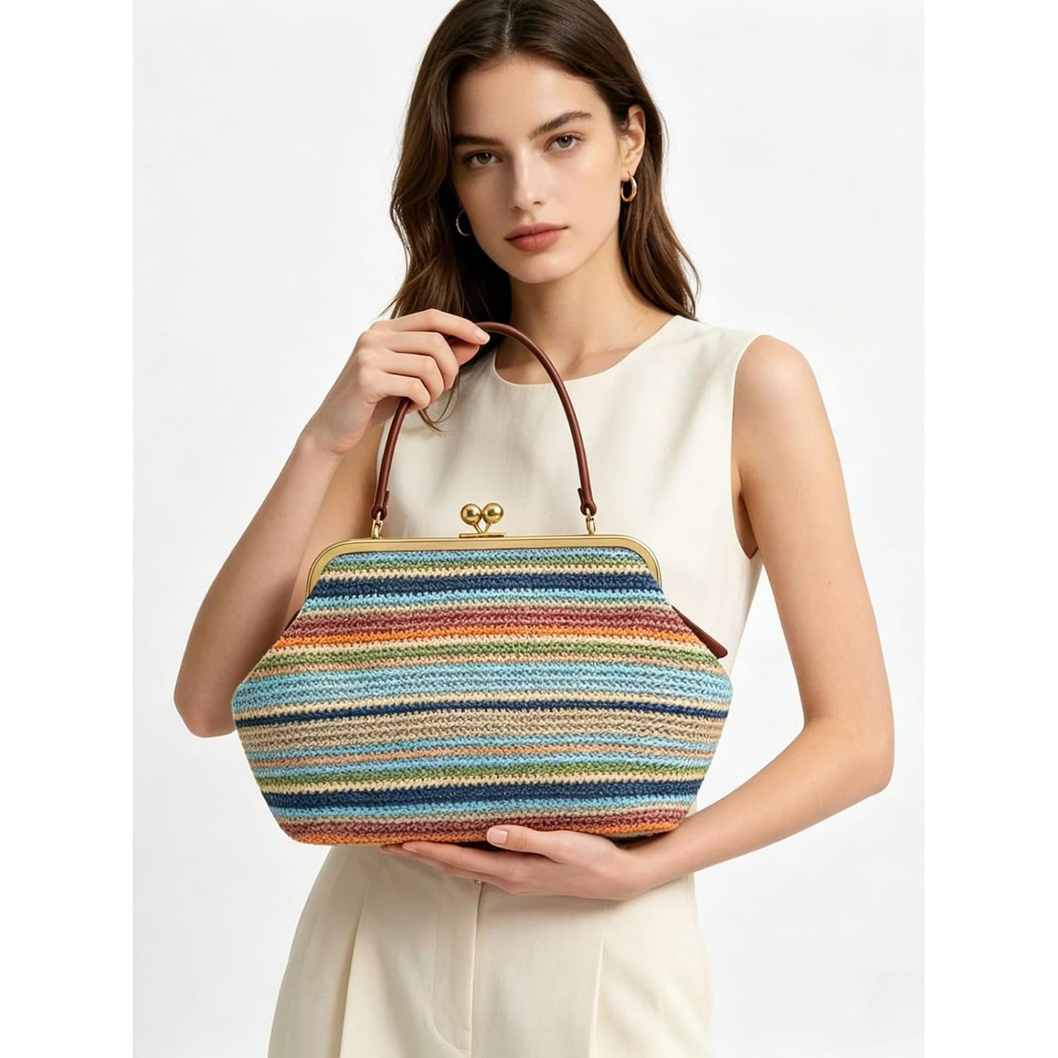 Kiss Lock Purses And Handbags Straw Purse Large Kisslock Bag Kiss-Lock Woven Bag Kiss Clasp Shoulder Handbag Summer Vacation