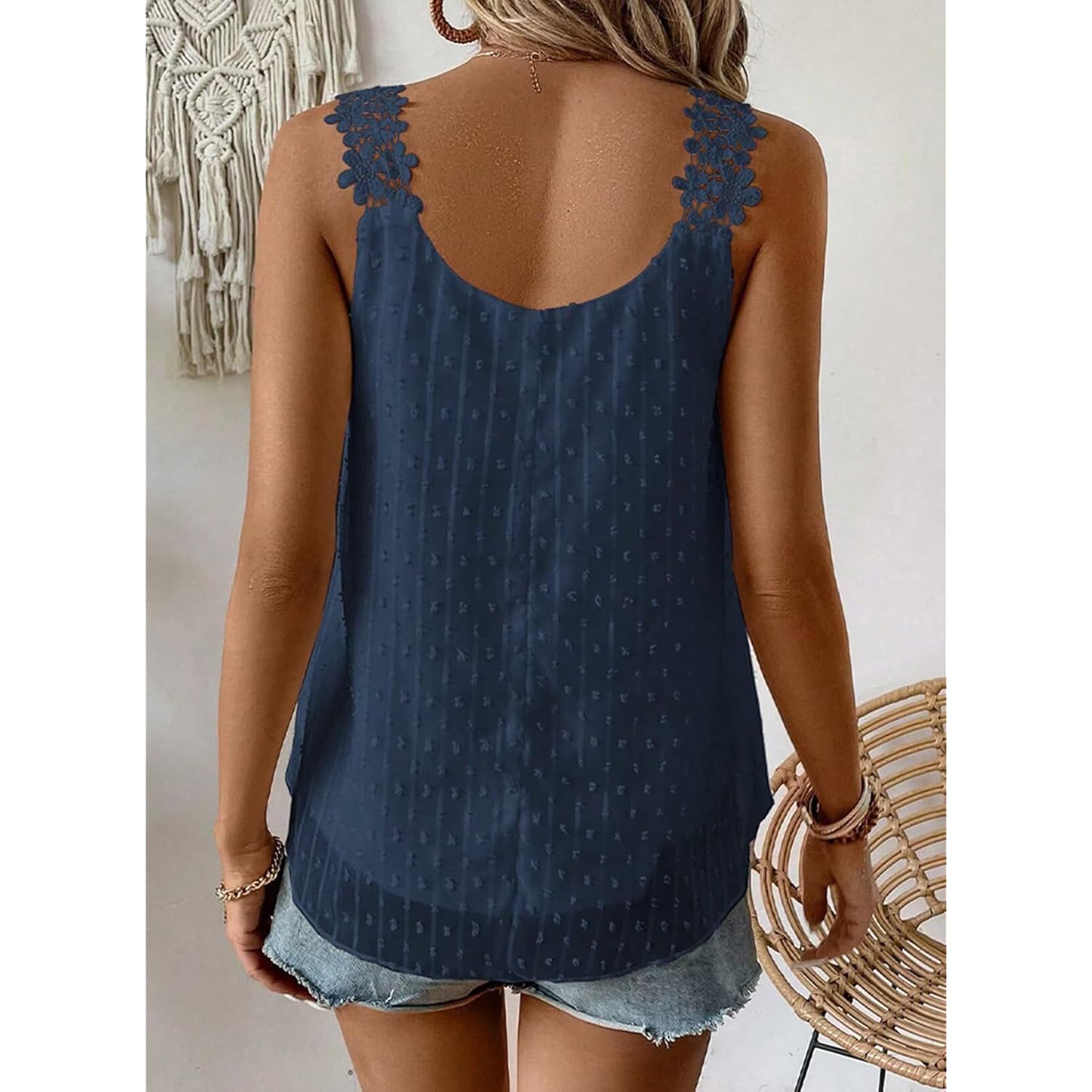 Womens Tank Tops Flowy Sleeveless Summer Boho Tank Top for Women Casual Crewneck Strap Lace Camisole Shirts
