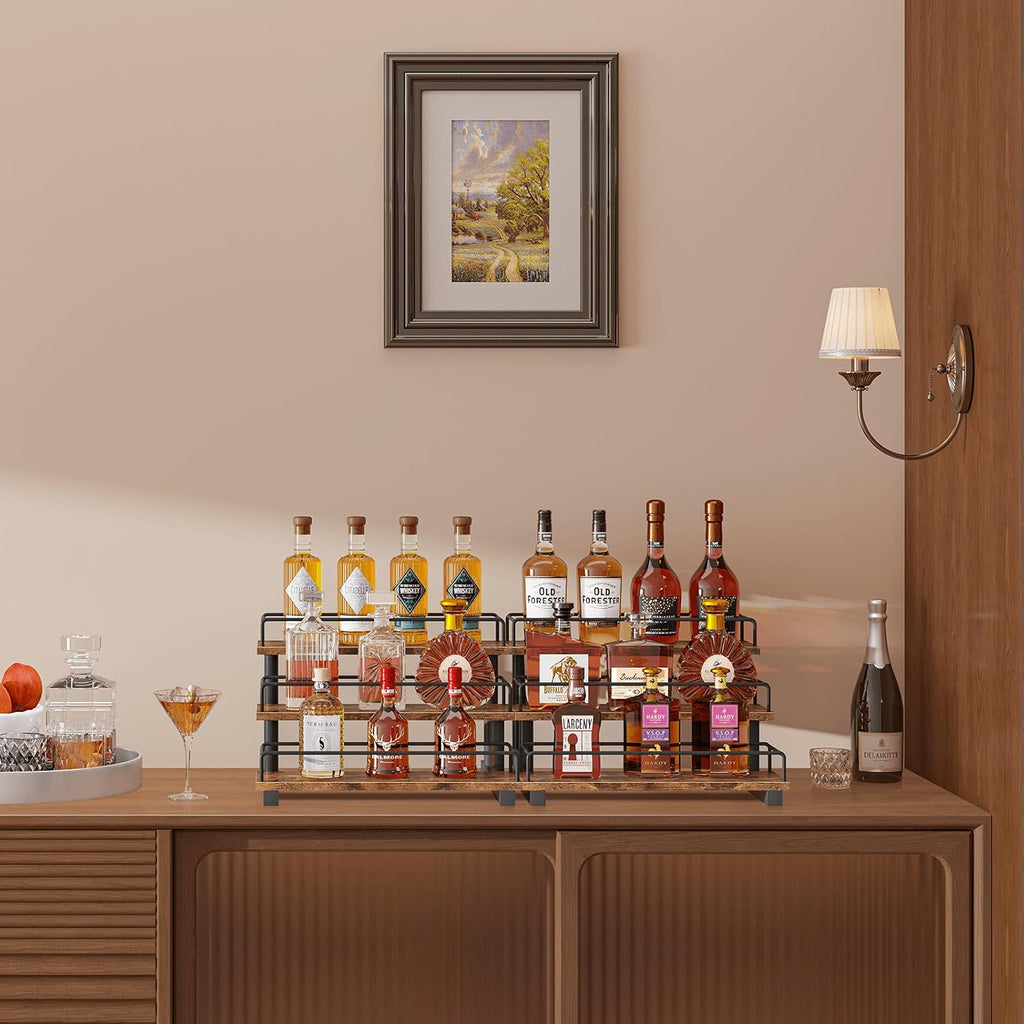 Liquor Bottle Display Shelf, Coffee Syrup Rack Organizer, 3 Tier Wine Rack Countertop, Home Retro Bar Shelf Stand Holder For Liquor Whiskey Spirits, Mini Bar, Liquor Cabinet, Rustic Brown