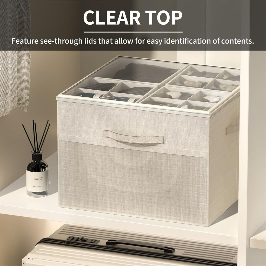 Shoe Organizer For Closet, Foldable Shoe Storage With Adjustable Dividers | Fabric Shoe Storage Organizer Box Bin With Adjustable Dividers And Clear Cover, Fits Up To 16-32 Pairs