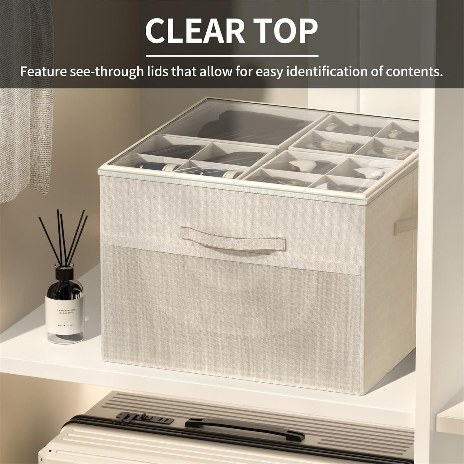 Shoe Organizer For Closet, Foldable Shoe Storage With Adjustable Dividers | Fabric Shoe Storage Organizer Box Bin With Adjustable Dividers And Clear Cover, Fits Up To 16-32 Pairs