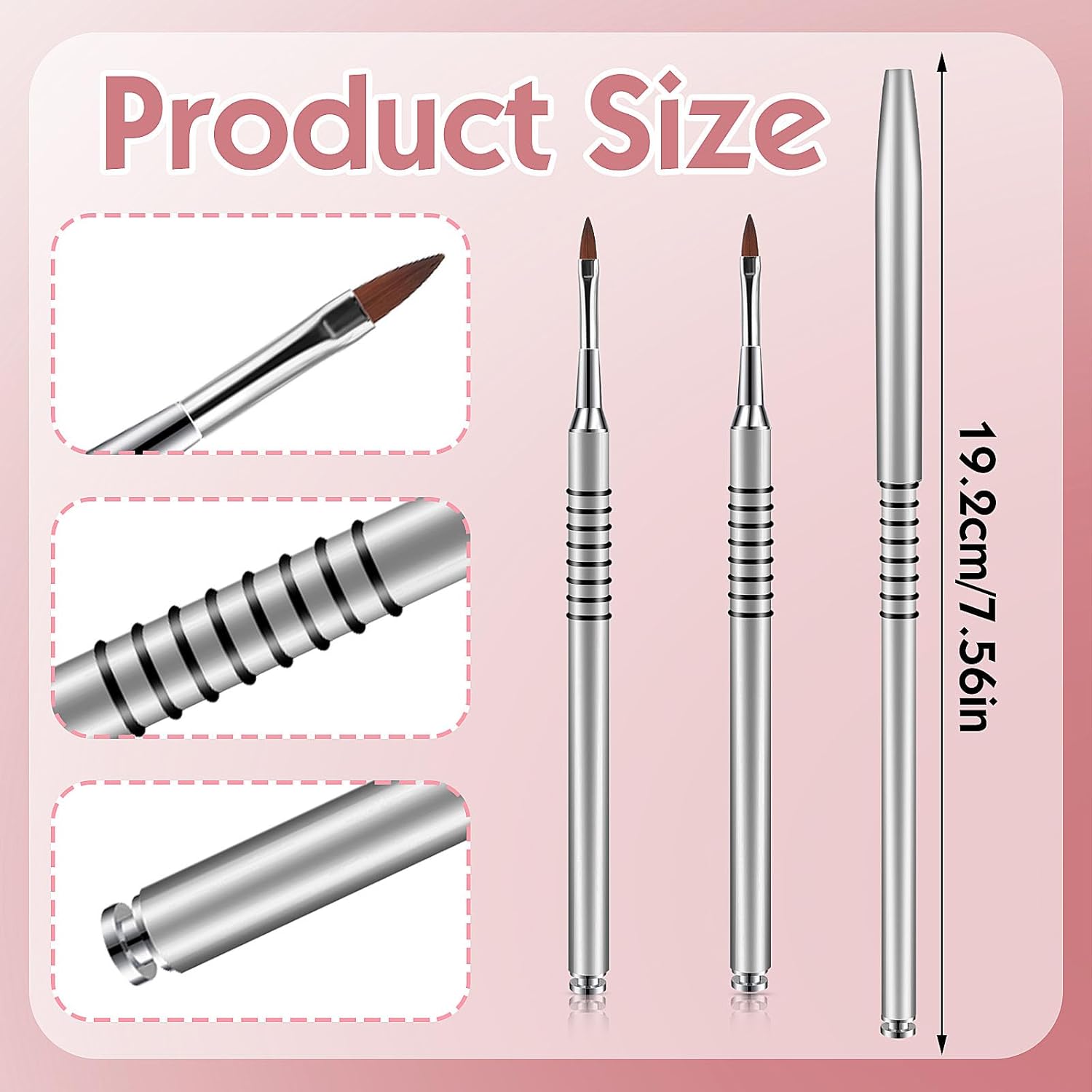 Hariendny 2 Pack 3D Nail Art Brush for Acrylic, Kolinsky Acrylic Nail Brushes Set, Nail Lining Brush Nail Salon Painting Brush Pen with Non-Slip Handle, Silver Metal Nail Art Pen (Size #2)