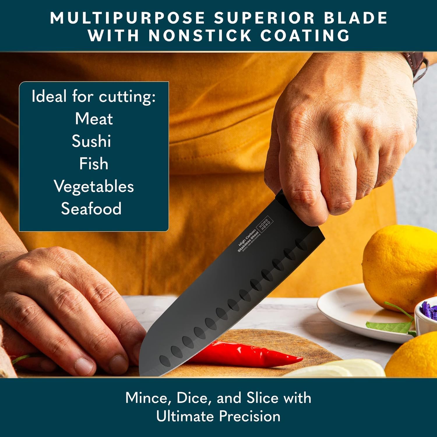 Home Hero 7-Inch Santoku Knife With Sheath 2 Pcs - Non-Stick Chopping Knife, High Carbon Stainless Steel Kitchen Knife With Cover, Ergonomic Handle, Razor-Sharp Vegetable Cutting Knife (Black)