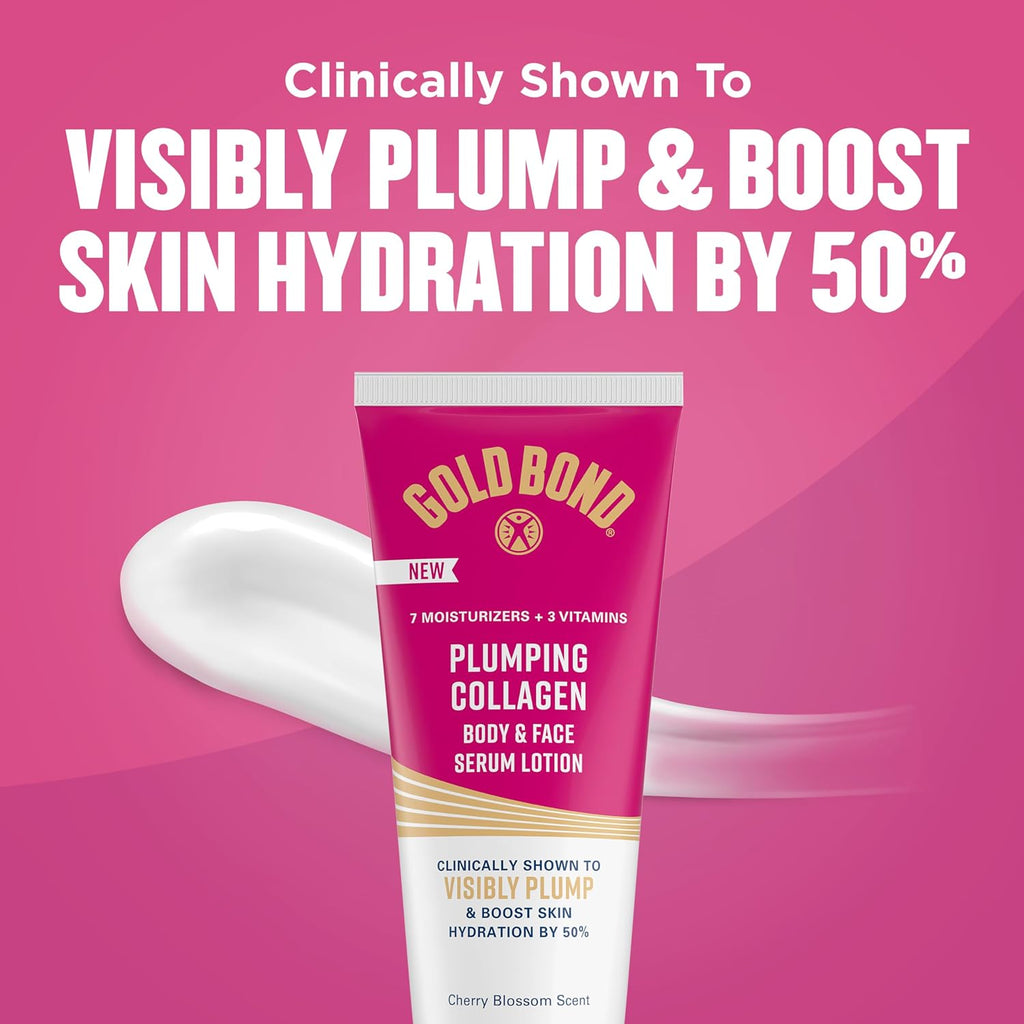 Gold Bond Plumping Collagen Body & Face Serum Lotion, Lightweight Hydrating Moisturizer With Collagen Peptide Complex, Jojoba And Grapeseed Oils To Visibly Plump Skin, Cherry Blossom Scent, 8 Oz
