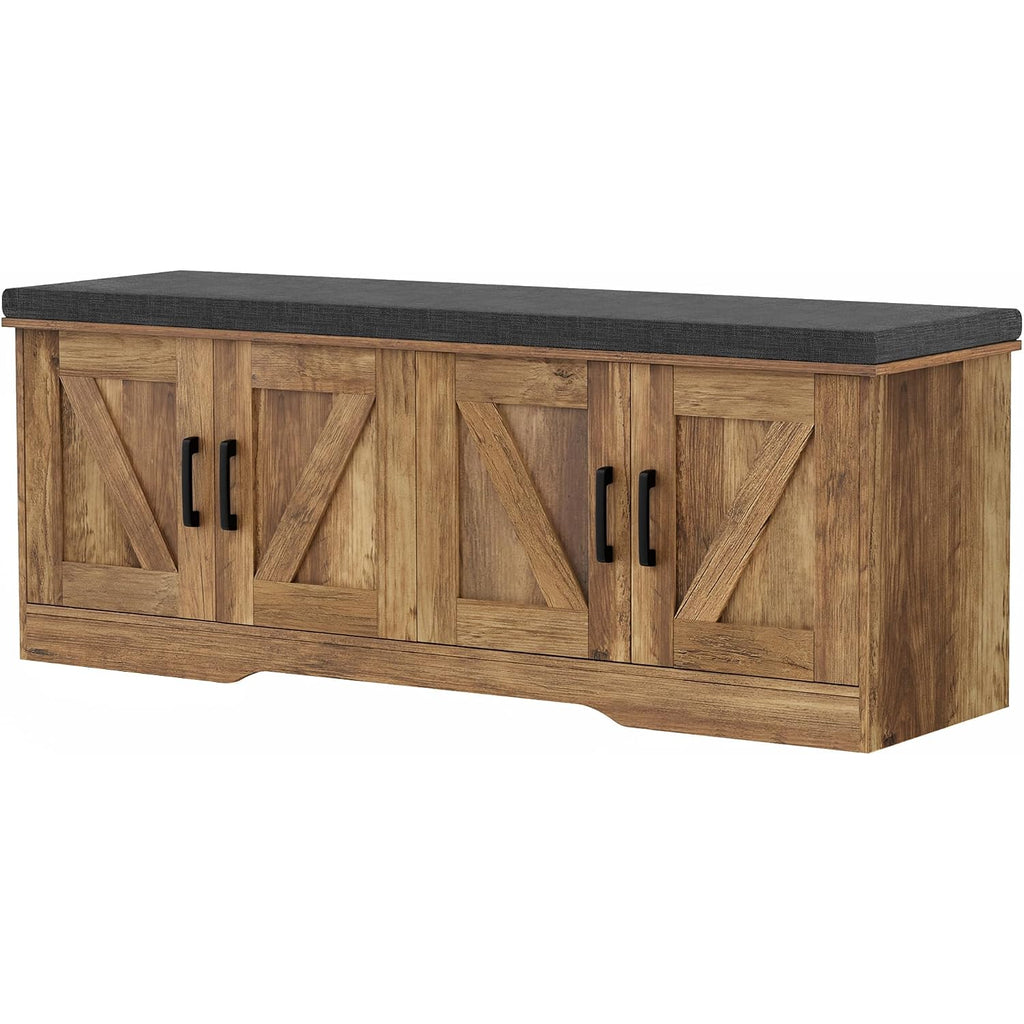 Homsho Farmhouse Shoe Storage Bench With 4 Barn Doors & Padded Seat Cushion | 47.2" Wide Entryway Bench With Adjustable Shelves & Hidden Storage, Rustic Walnut