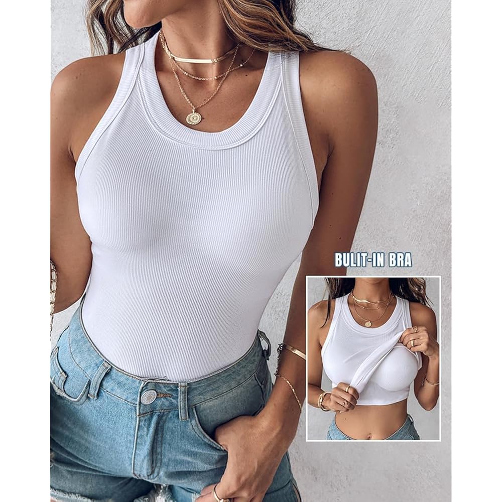 Women Built-in Bra Tank Tops Sleeveless Casual Shirts Racerback Ribbed Fitted Tank Tops