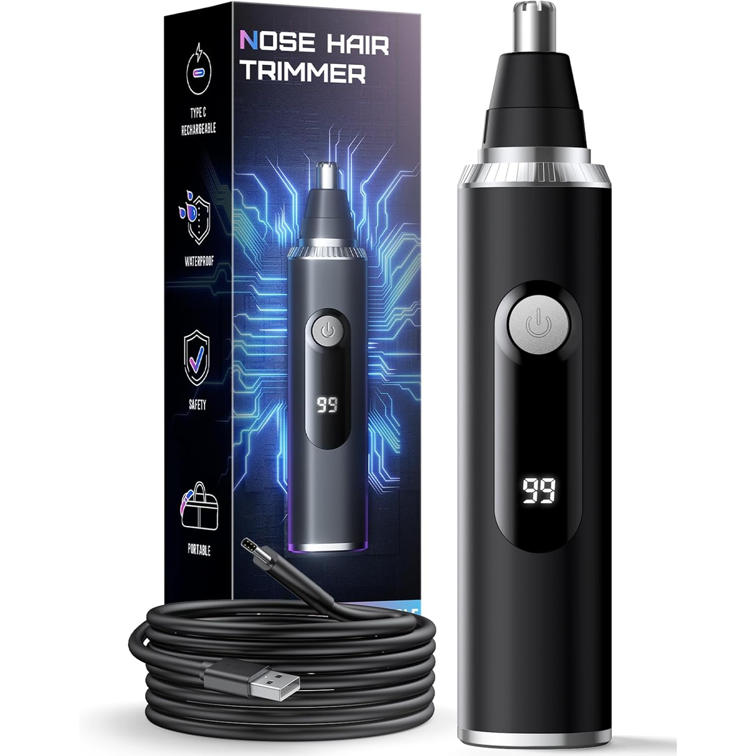 Nose Hair Trimmer for Men and Women, USB Rechargeable Electric Facial and Ear Hair Remover with LED Display, Dual-Edge Blades for Smooth, Painless Eyebrow Grooming (Black)