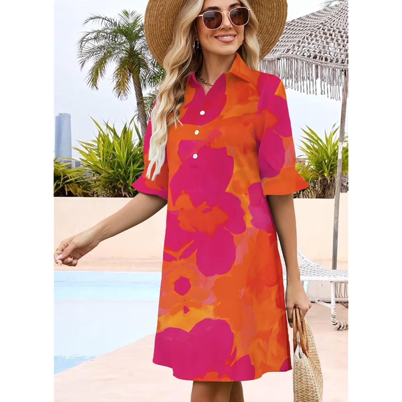 Womens Summer Shirt Dress 2026 Casual Ruffle Short Sleeve Button Down Flowy Swing Shift Mini Dresses With Pockets