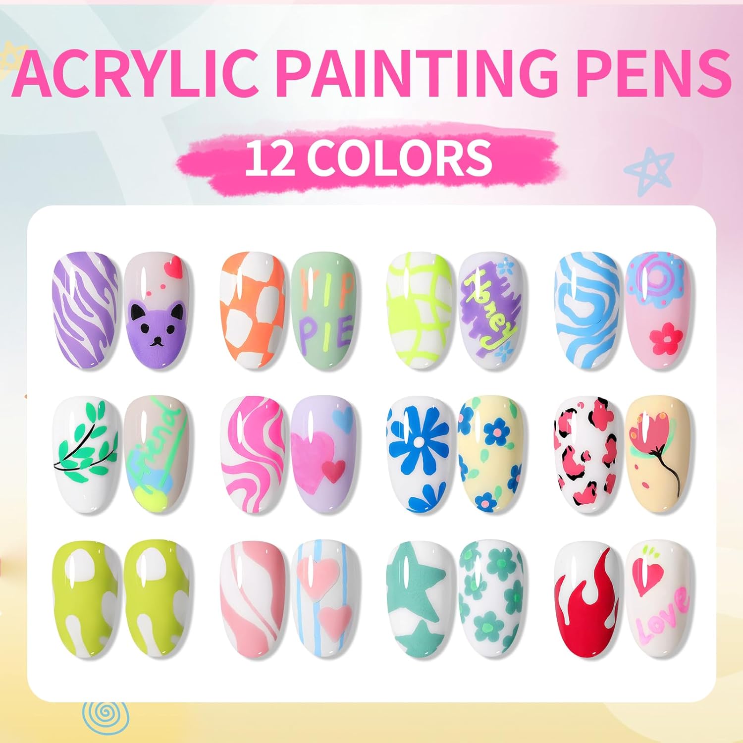 BORN PRETTY Nail Art Pens Set 12 Colors - Spring Summer Neon Colors 3D Nail Polish Acrylic Paint Pens Quick Dry Nail Markers for Easter Nail Art Drawing Painting Dotting Liner Pen DIY Manicure Tools