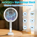 Rotating Head Electric Fly Swatter Racket, Bug Zapper Indoor With Long Telescopic Extension 4000V Usb Rechargeable Mosquito Zapper Killer With Charging Base, 3 Modes Automatic & Manual (White)