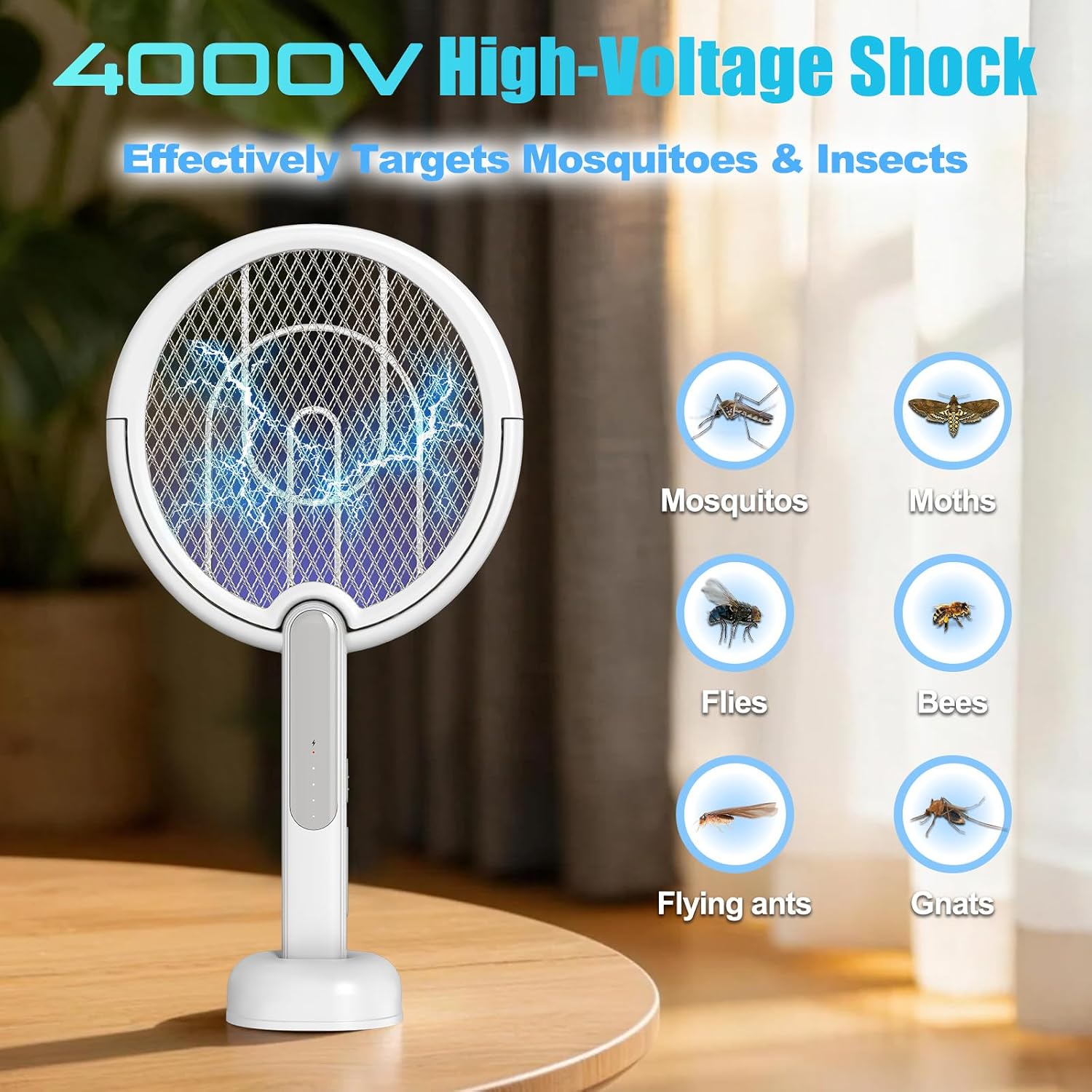 Rotating Head Electric Fly Swatter Racket, Bug Zapper Indoor With Long Telescopic Extension 4000V Usb Rechargeable Mosquito Zapper Killer With Charging Base, 3 Modes Automatic & Manual (White)