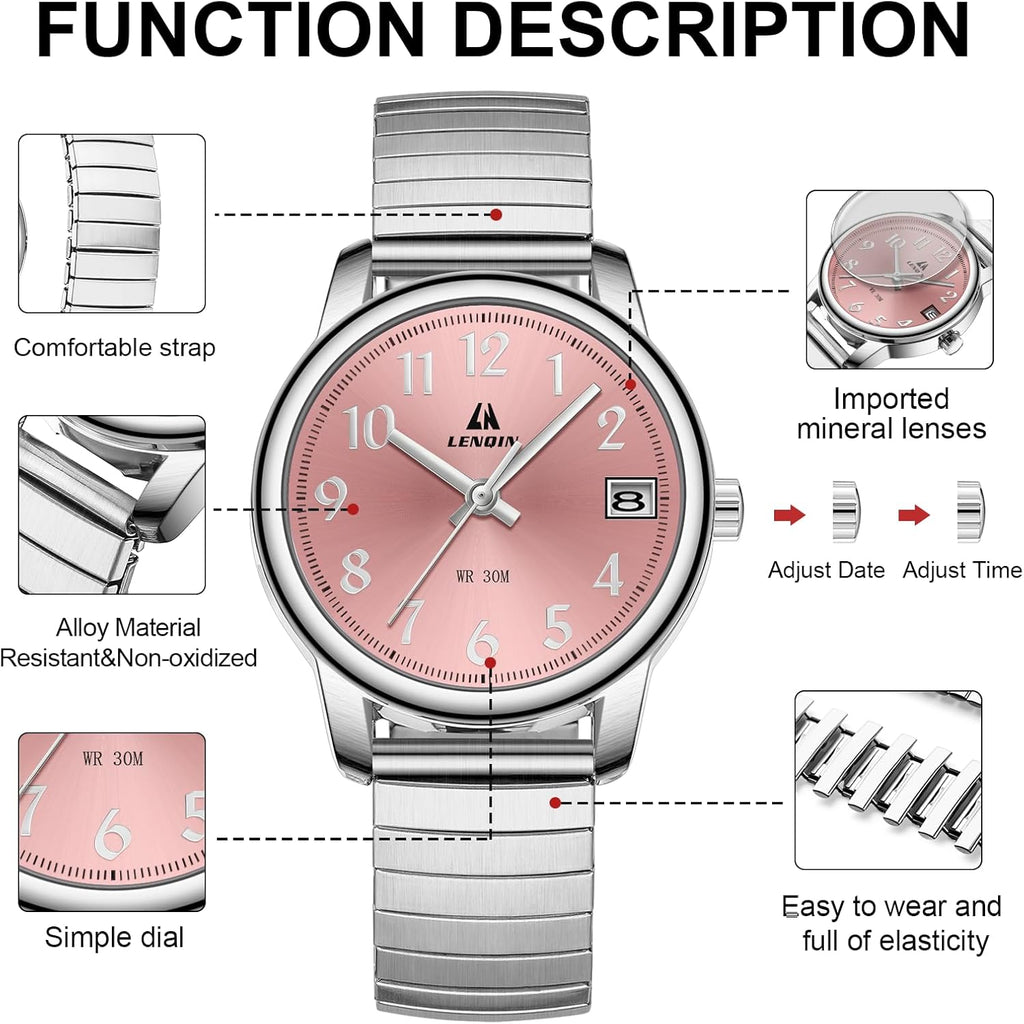 LN LENQIN Ladies Watches Womens Watch Stainless Steel Analog Quartz Watches for Women Waterproof Easy Reader Women's Wrist Watch with Date Expansion Band