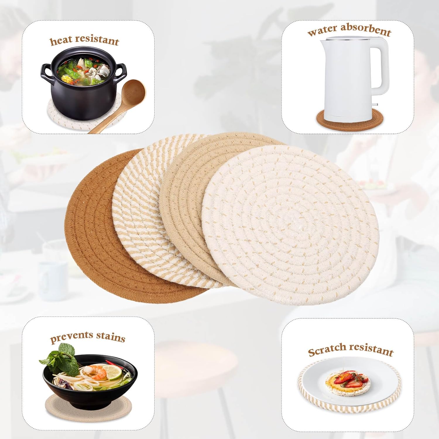 Billbotk 7" Trivets for Hot Dishes, Hot pots and Pans, 4 Heat Resistant Hot Pads, Pot Holders for Kitchen, Home Essentials for New Home and Farmhouse Decor, Fall Decorations for Home(Brown)