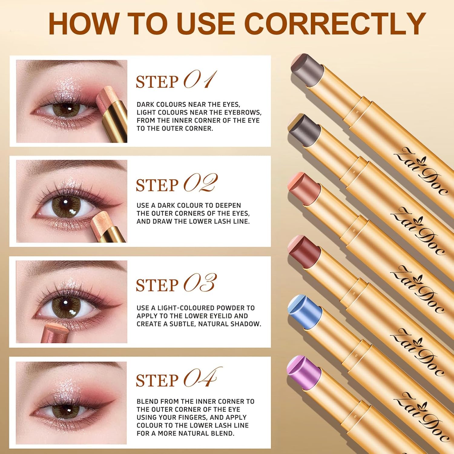3 Color Eyeshadow Stick in Set of 6, Long Lasting & Waterproof Creamy Eye Shadow, with Vitamin E Makeup for Day & Night Look, 1.13 Oz
