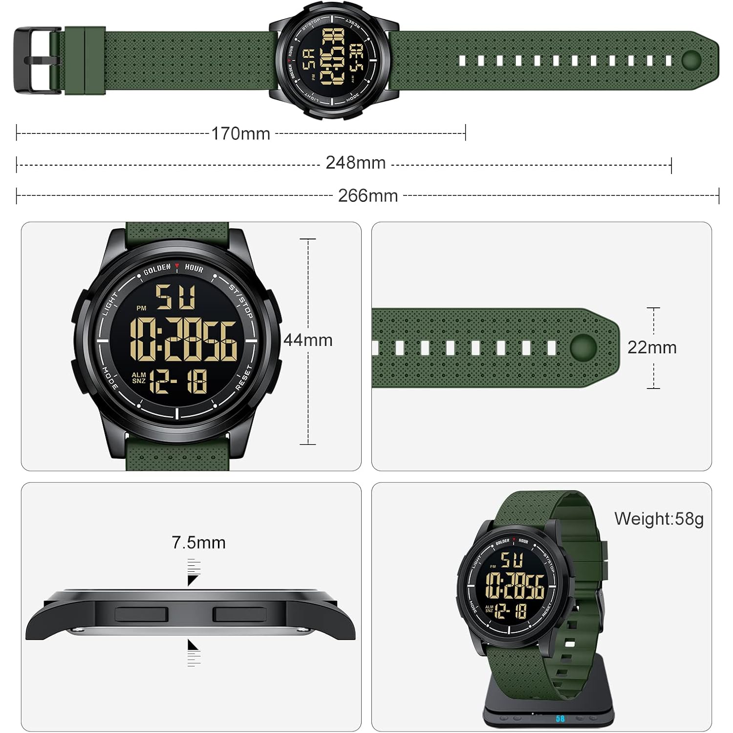 GOLDEN HOUR Ultra-Thin Minimalist Sports Waterproof Digital Watches Men with Wide-Angle Display Rubber Strap Wrist Watch for Men Women