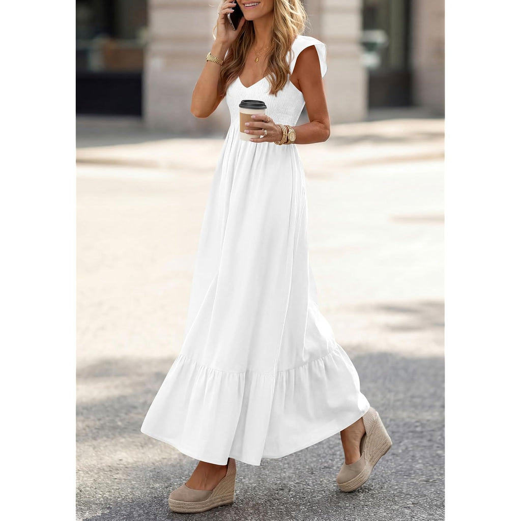 Prettygarden Women'S 2026 Summer Casual Maxi Dresses Cap Sleeve V Neck Smocked Long Pockets Party Sundress Vacation Outfits