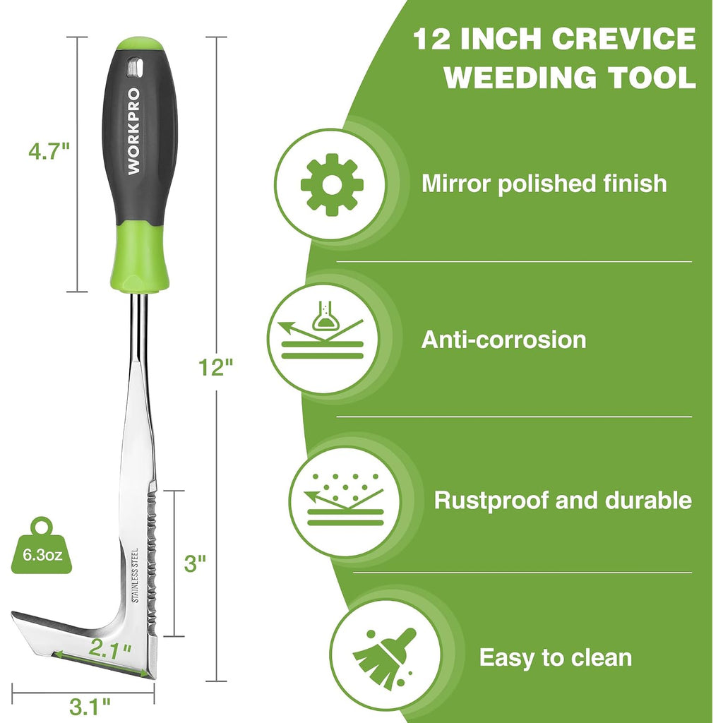 Workpro Crack Weeder, 12" Stainless Steel Crevice Weeding Tool | Soft Handle, L-Shaped Side-Walk Weed Puller Spatula, For Garden Lawn Yard Patio Terrace Paving Moss Garden Tool