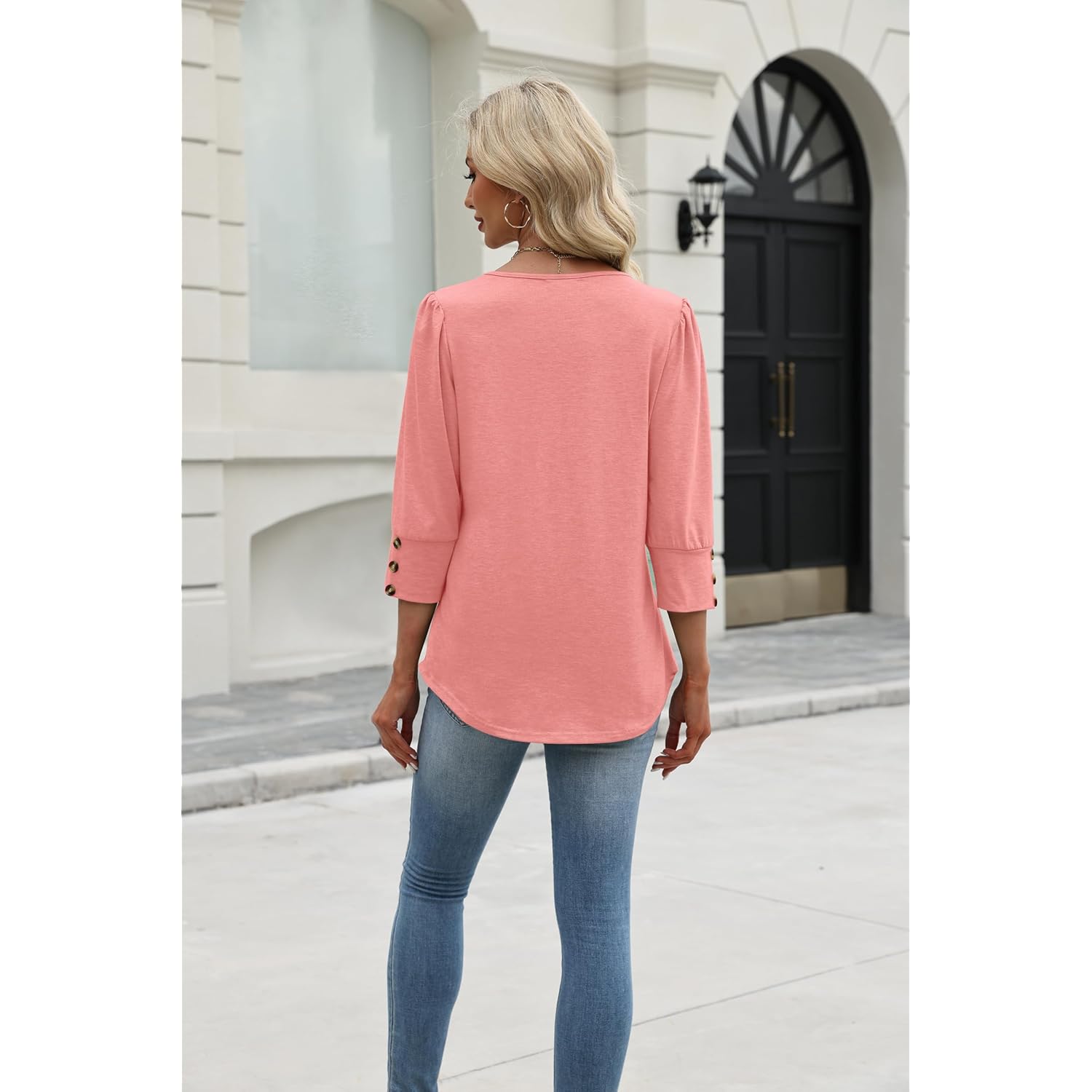 Womens 3/4 Sleeve Tops with Buttons V Neck Summer Outfits Dressy Casual Blouses for Women Fashion Clothes