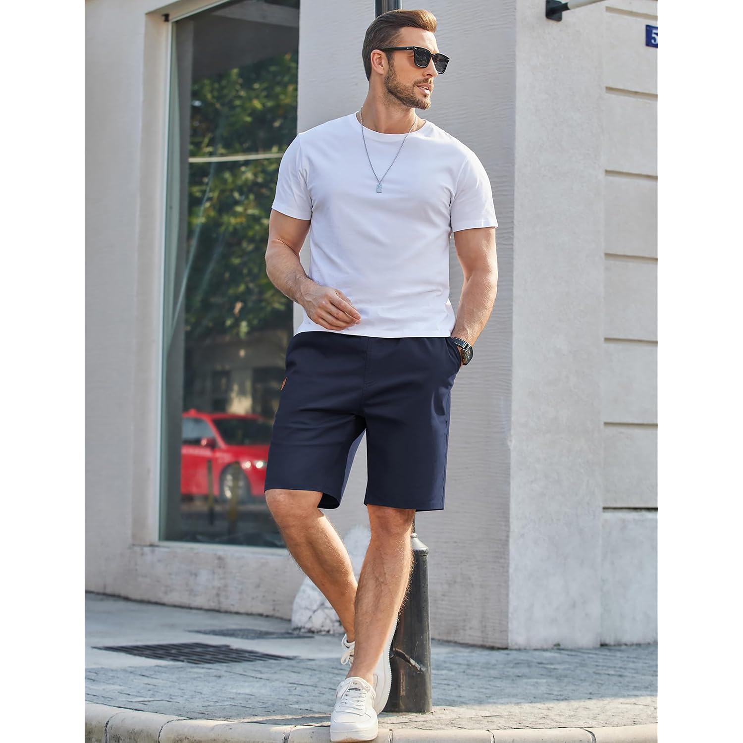 Coofandy Mens Casual Shorts 9" Chino Cotton Shorts Summer Beach Drawstring Shorts With Pockets
